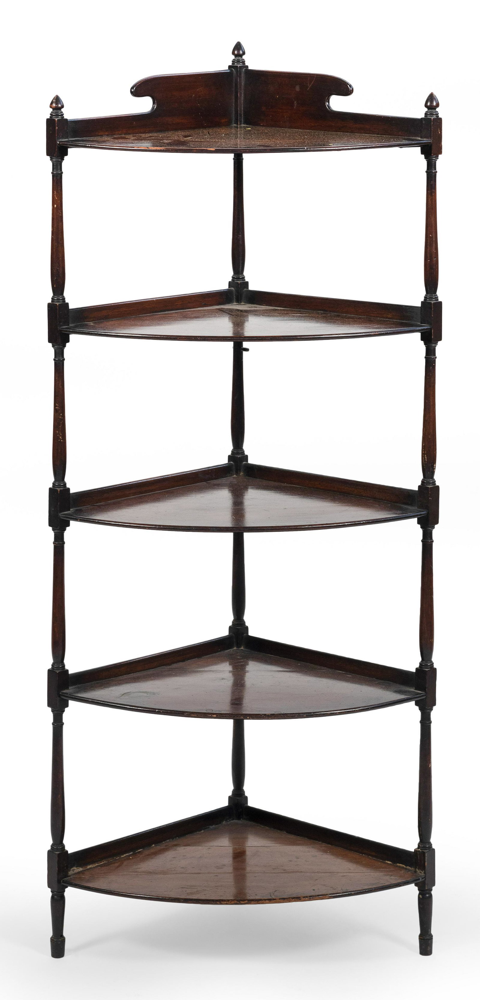 ENGLISH REGENCY CORNER ETAGERE First Half of the 19th: ENGLISH REGENCY CORNER ETAGERE First Half of the 19th Century In mahogany, with five shelves and turned supports. Height 51”. Takes a 15.5” corner.