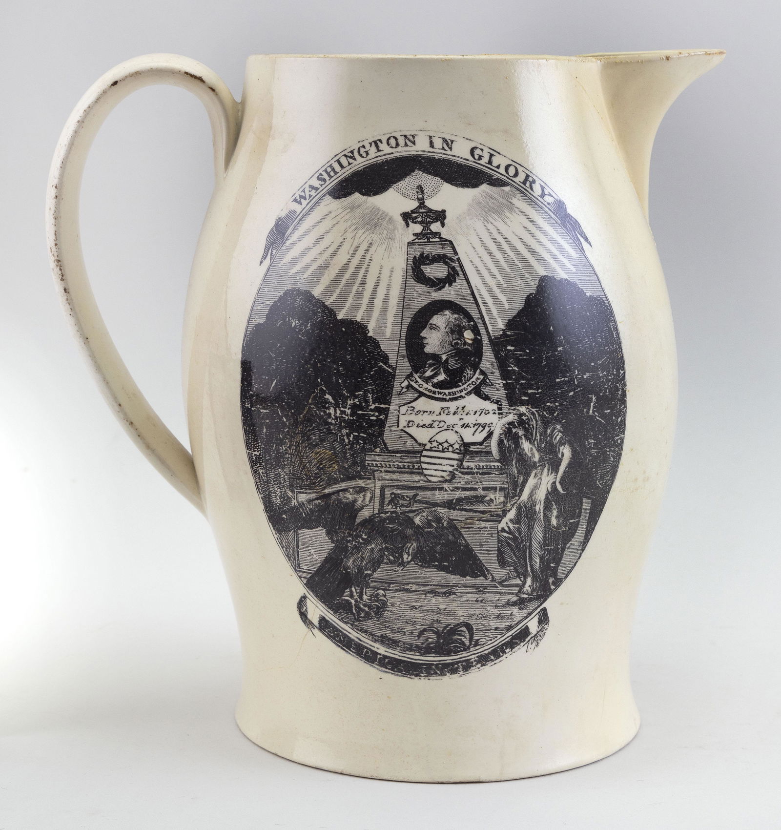 LIVERPOOL JUG WITH BLACK TRANSFER DECORATION Early 19th (1 of 3)