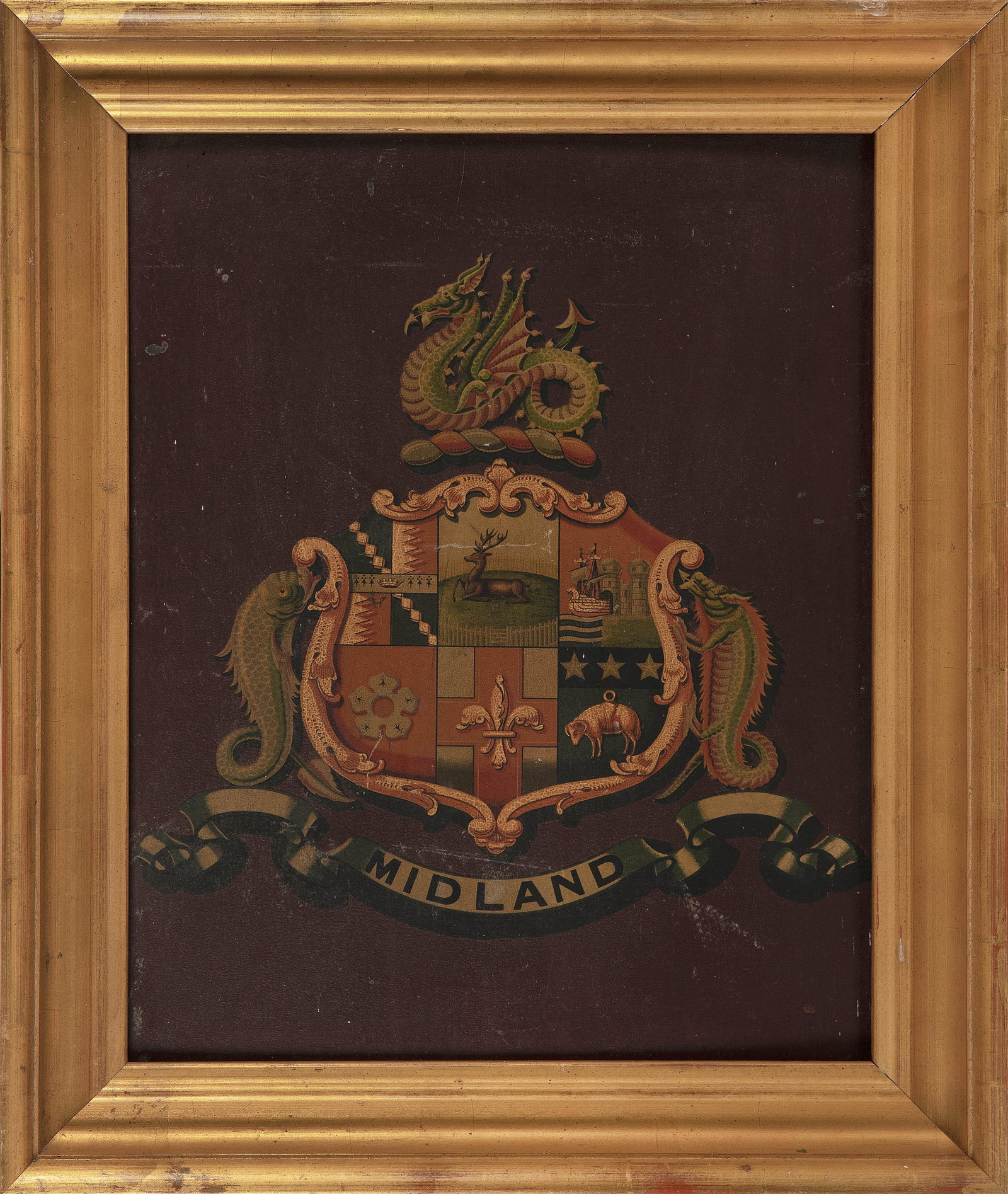 CONTINENTAL SCHOOL (19th Century,), Crest of the: CONTINENTAL SCHOOL 19th Century Crest of the Midland Railway Company. Unsigned. Oil on board, 19.75" x 15.75". Framed 25" x 21".