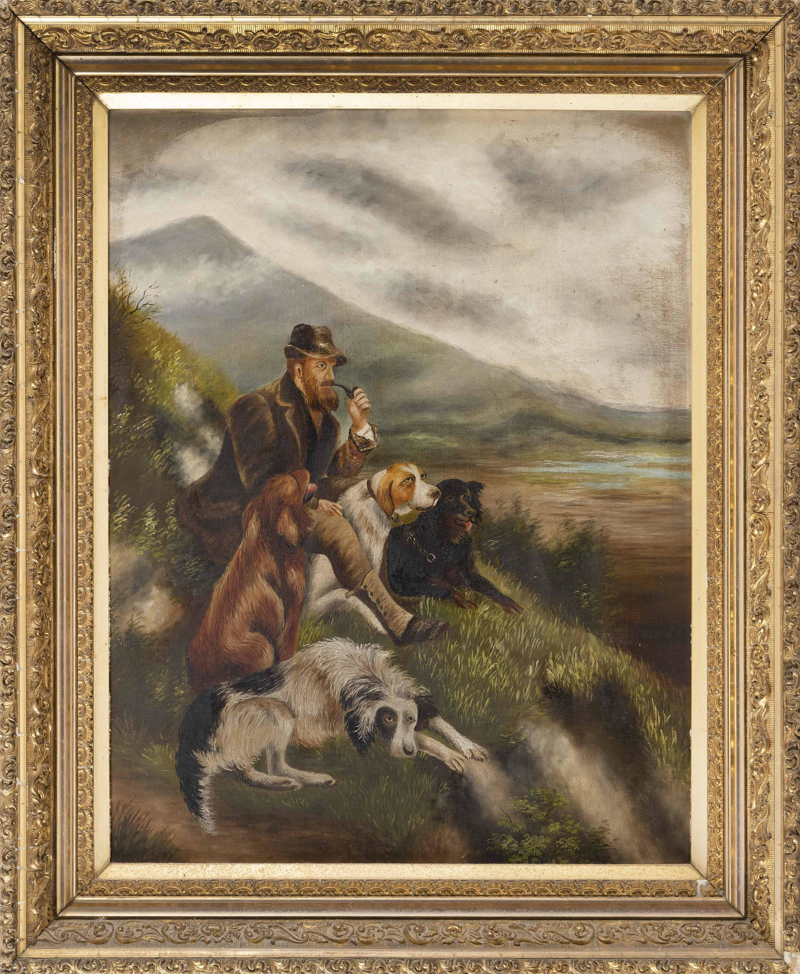 CONTINENTAL SCHOOL (Late 19th Century,), A man and four: CONTINENTAL SCHOOL Late 19th Century A man and four dogs in a mountainous landscape. Unsigned. Oil on canvas, 26” x 20”. Framed 33” x 26”.