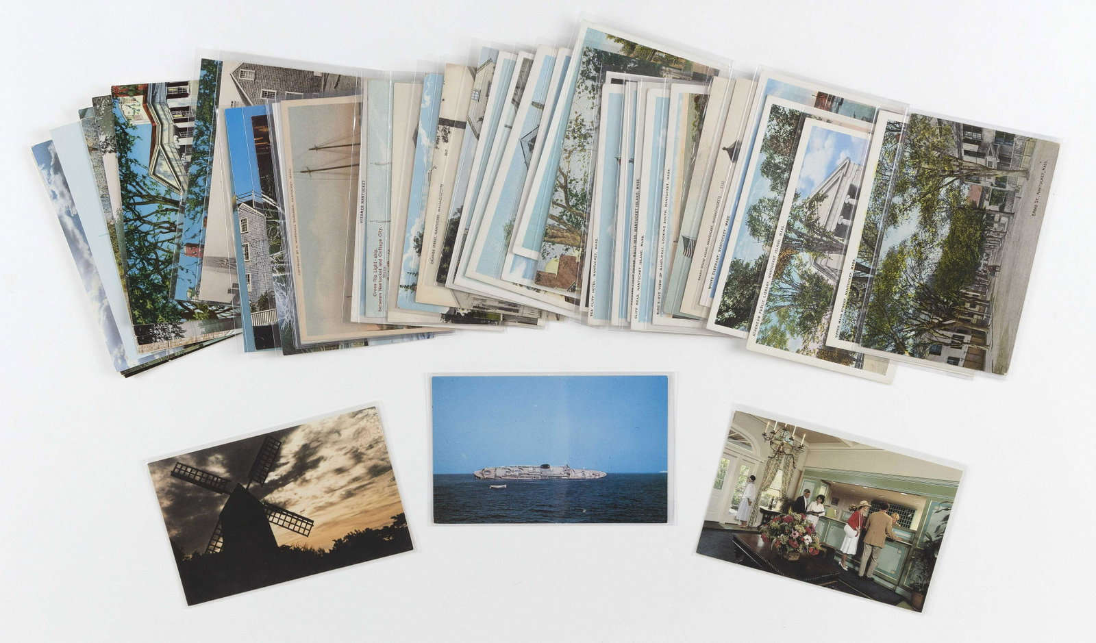 (VIEW) CAPE COD - NANTUCKET: 48 POSTCARDS Early to: (VIEW) CAPE COD - NANTUCKET: 48 POSTCARDS Early to Late-20th Century Early: Broad Street, two Wyers of Upper Main St., Ocean House, Gardiner and other cards of White Elephant, Brant Point Light, Rotog