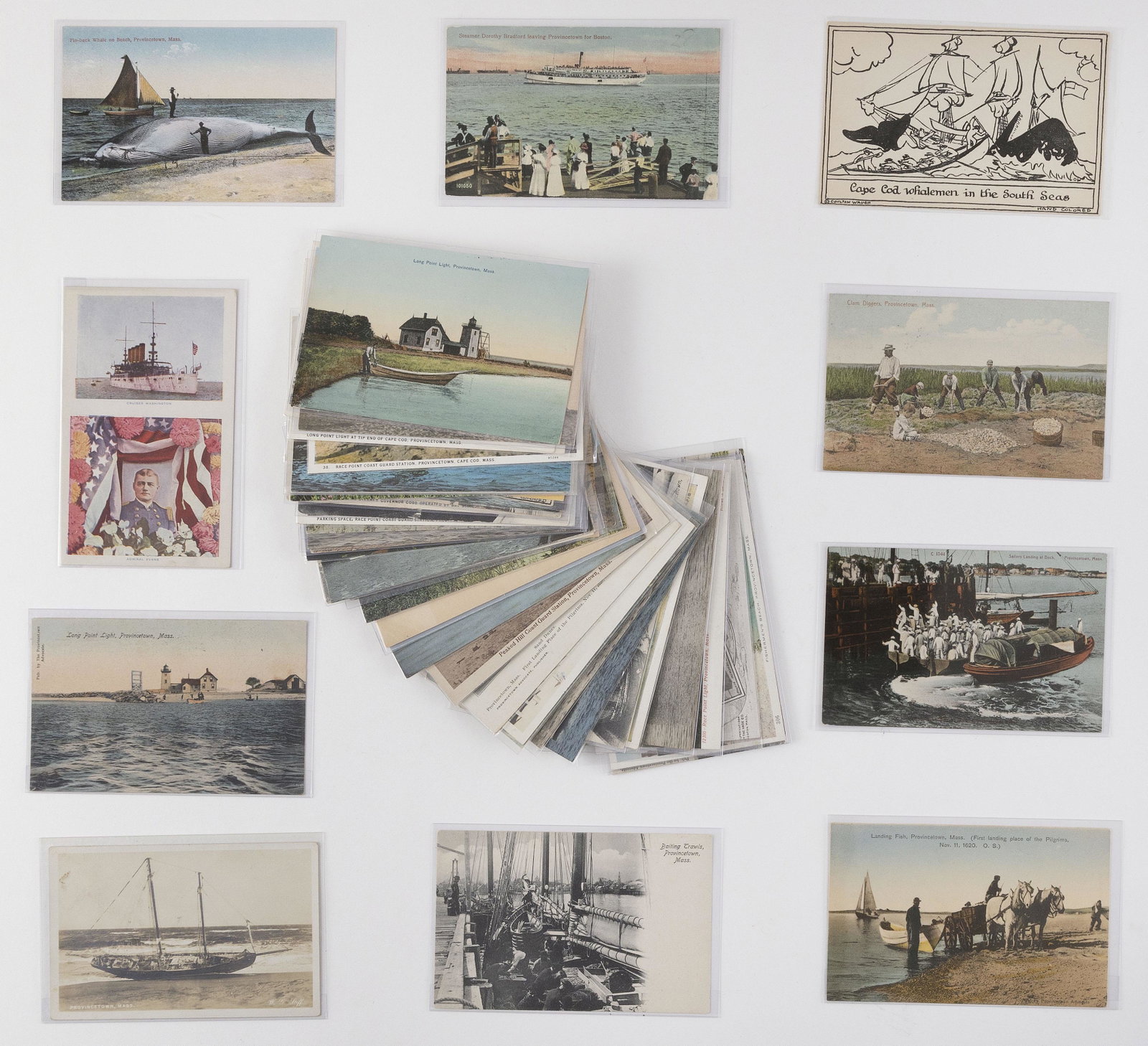 (VIEW) CAPE COD - PROVINCETOWN: 55 POSTCARDS Early 20th: (VIEW) CAPE COD - PROVINCETOWN: 55 POSTCARDS Early 20th Century Beached fin-back whale, Long Point Light, Race Point Coast Guard Station, grounded two-masted ship (photo), Long Point Light, steamer &q