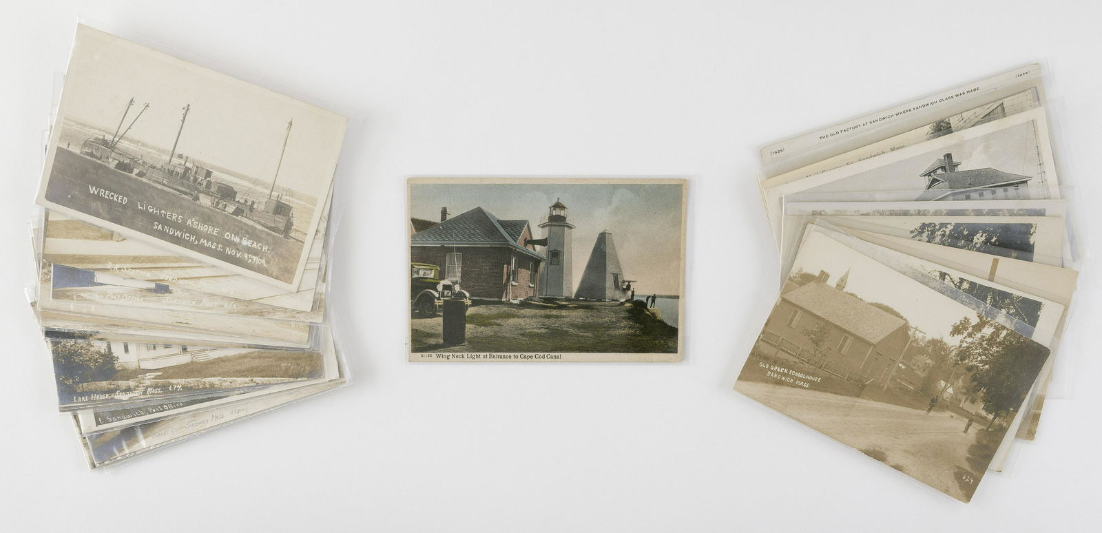 (VIEW) CAPE COD - SANDWICH: 25 POSTCARDS Early to Mid-: (VIEW) CAPE COD - SANDWICH: 25 POSTCARDSEarly to Mid- 20th Century"Hilary's Choice". Nineteen real photo: "Wrecked Lighters Ashore on Beach, Sandwich, Mass. Nov. 9, th, (sic) 1909"