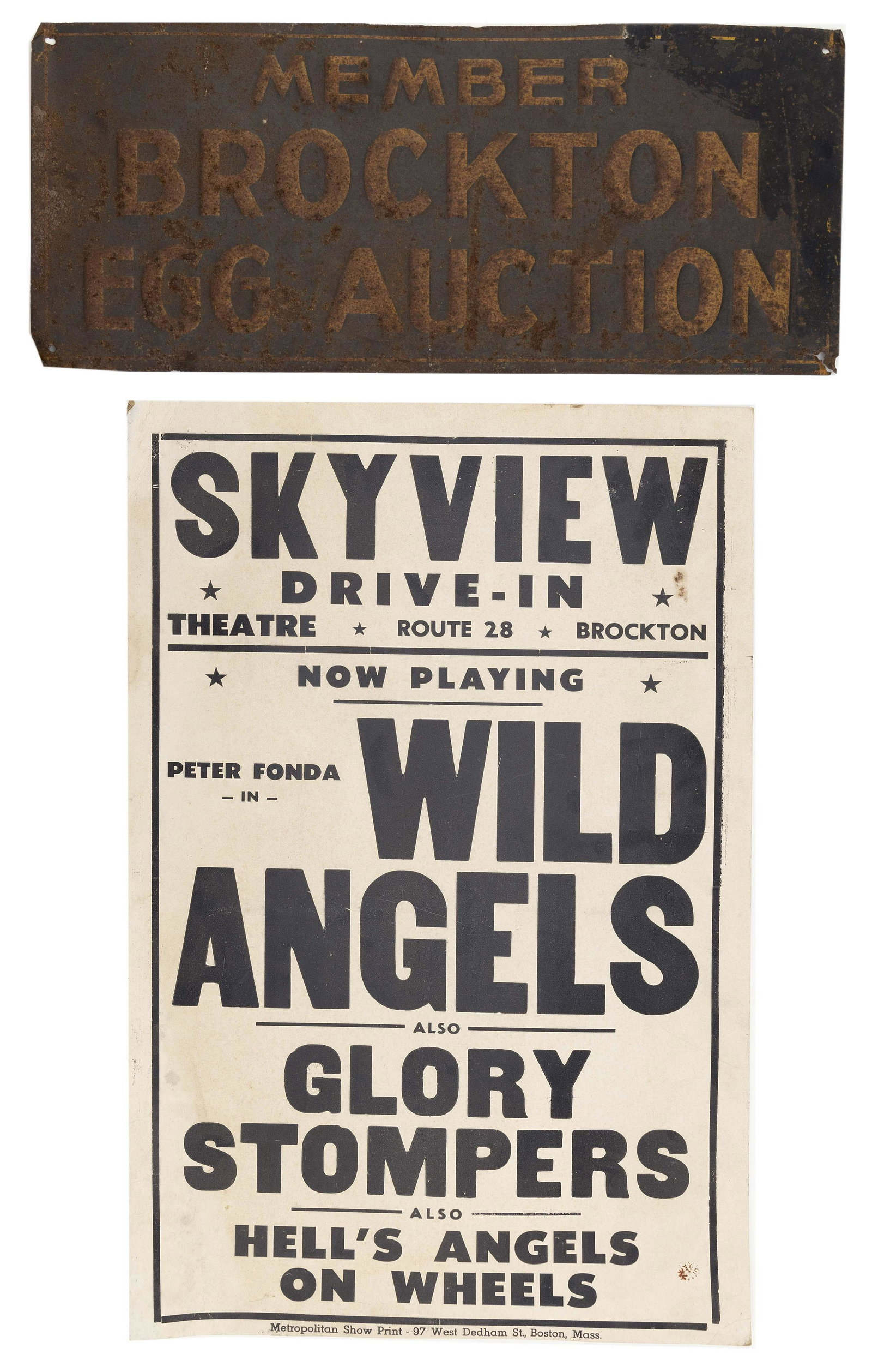 TWO BROCKTON, MASSACHUSETTS-RELATED SIGNS 20th Century: TWO BROCKTON, MASSACHUSETTS-RELATED SIGNS 20th Century 1) "Skyview Drive-In" cardstock advertisement for showings of "Wild Angels", "Glory Stompers" and "Hell's Ange