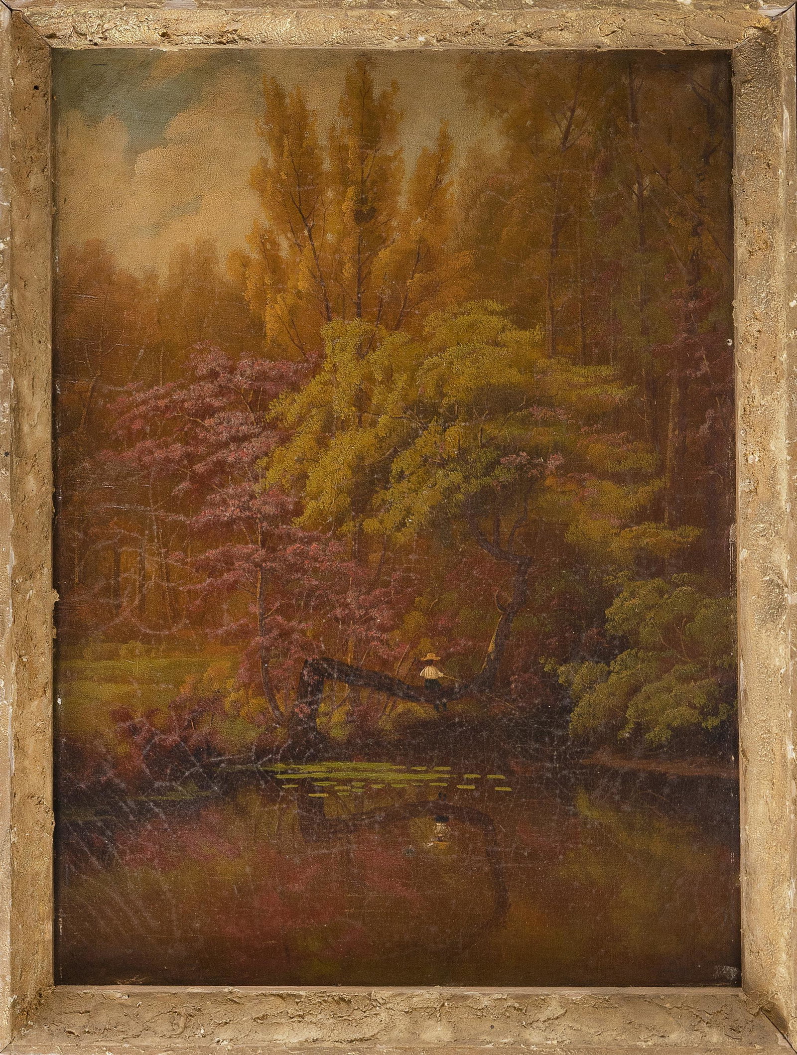 J.G. HULETT (America, Late 19th Century), A young boy: J.G. HULETT America, Late 19th Century A young boy fishing while sitting in a tree. Signed lower left "J.G. Hulett". Oil on canvas, 20" x 14". Framed 22" x 16".