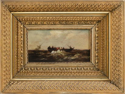 MANNER OF FRANKLIN DULLIN BRISCOE (America, Late 19th: MANNER OF FRANKLIN DULLIN BRISCOEAmerica, Late 19th CenturyA whaleboat in pursuit. Unsigned. Aaron Draper Shattuck keys.Oil on canvas, 4.5&quot; x 9&quot;. Framed 11.75&quot; x 16.25&quot;.