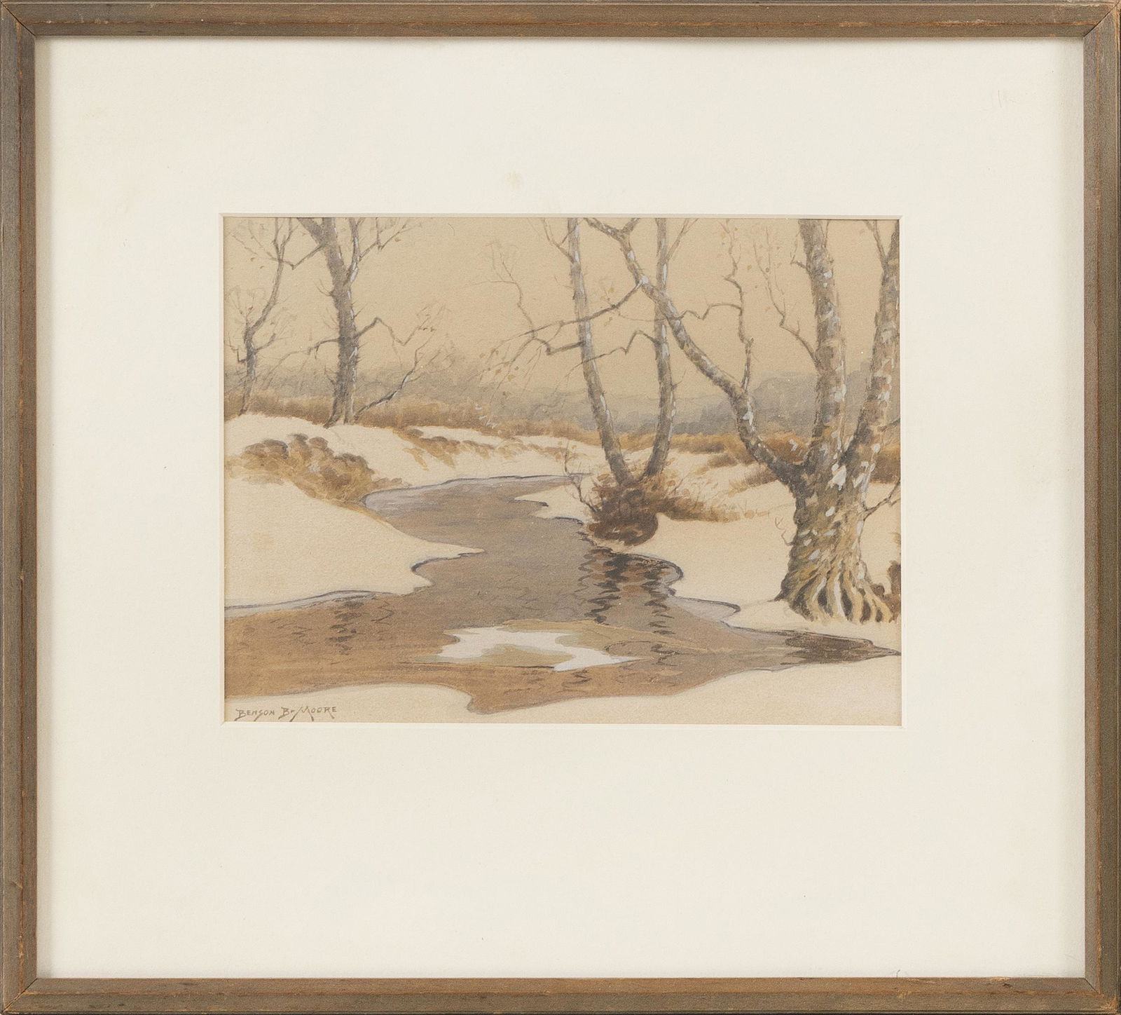 BENSON BOND MOORE (Washington, D.C./Florida,: BENSON BOND MOOREWashington, D.C./Florida, 1882-1974Winter stream. Signed lower left "Benson B. Moore".Watercolor on paper, 6.5" x 8.5". Framed 13.25" x 14.5".