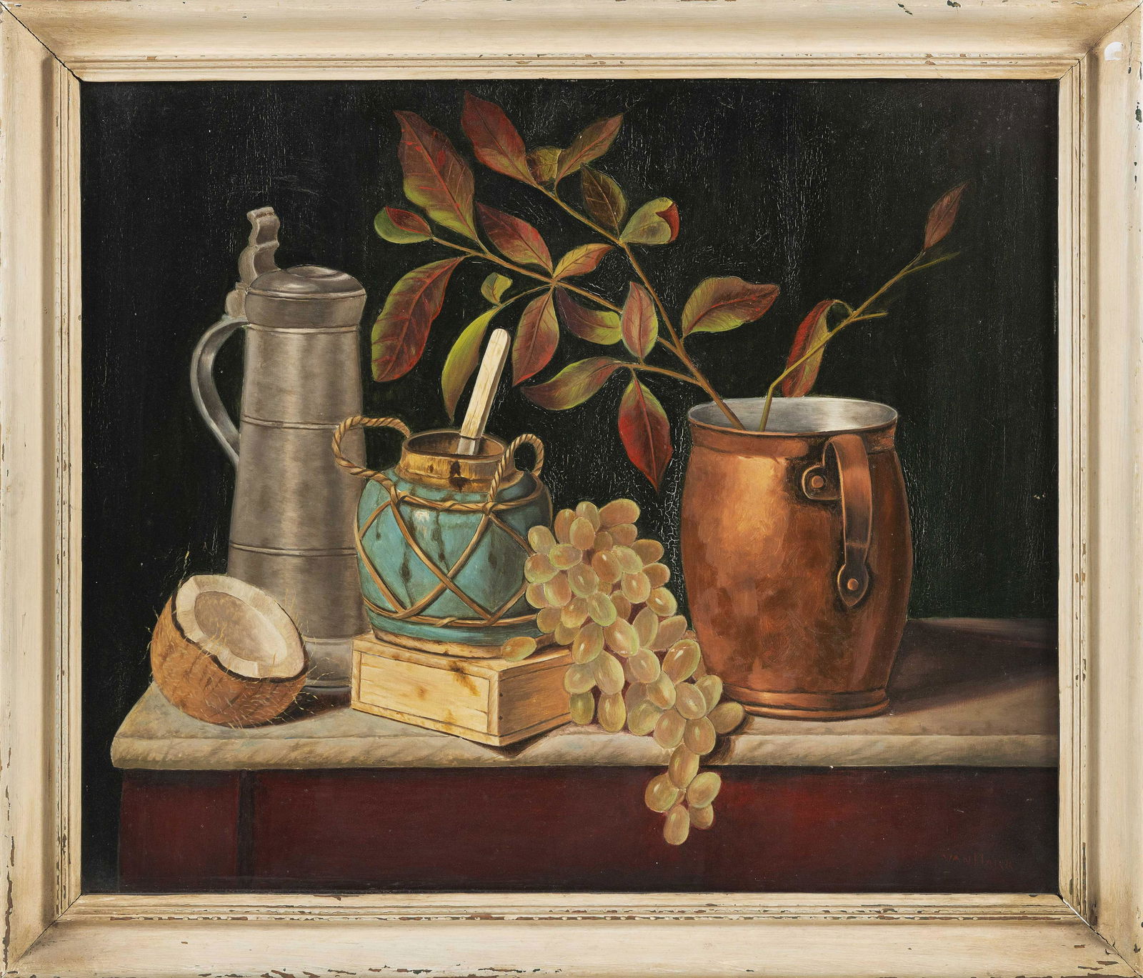 MARK EDWIN VANDERBOGART (California/Illinois,: MARK EDWIN VANDERBOGARTCalifornia/Illinois, 1865-1956Tabletop still life. Signed lower right "Vanderbogart".Oil on masonite, 20" x 24". Framed 23.5" x 27.5".