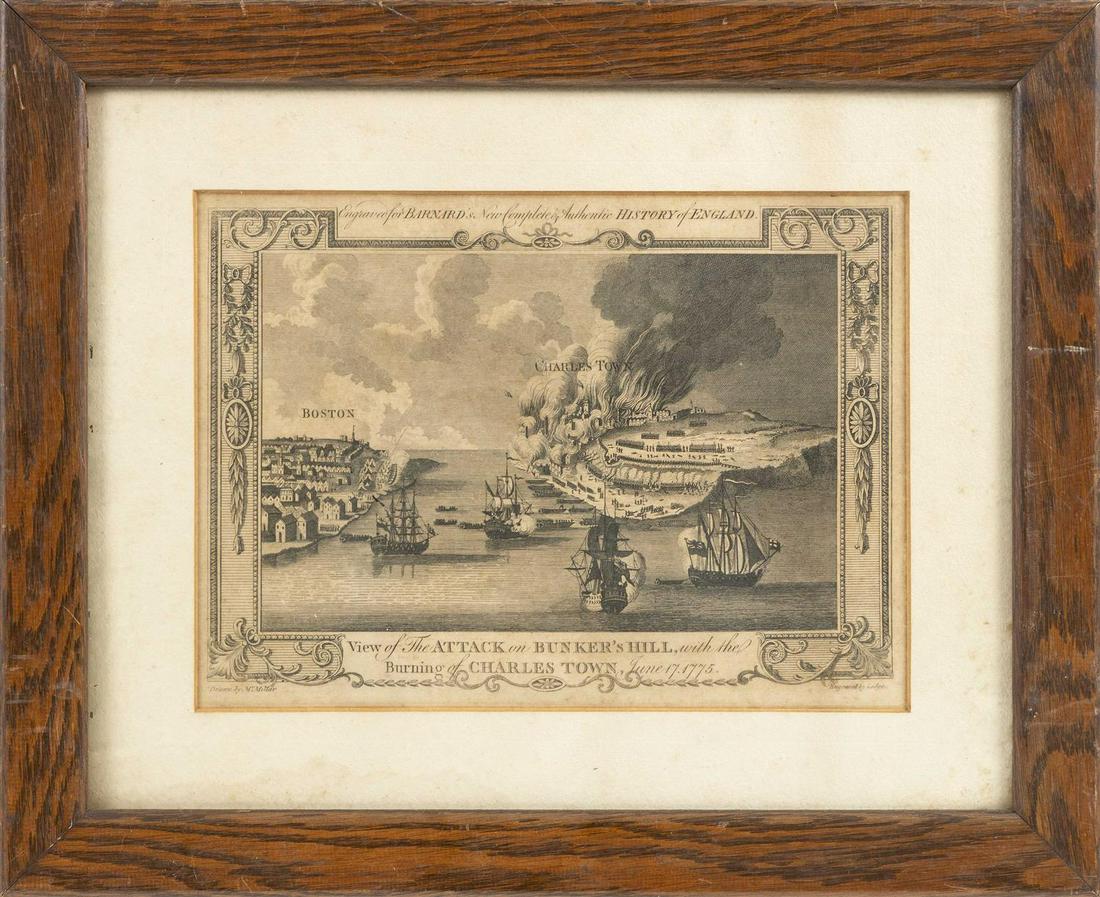 "VIEW OF THE ATTACK ON BUNKER'S HILL, WITH THE BURNING: "VIEW OF THE ATTACK ON BUNKER'S HILL, WITH THE BURNING OF CHARLES TOWN, JUNE 17, 1775"Late 18th CenturyEngraving by John Lodge, after James Millar, for Barnard's New Complete and Authentic H