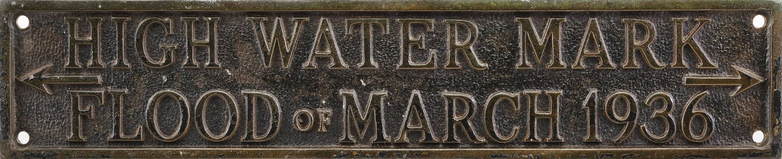 BRONZE PLAQUE COMMEMORATING THE GREAT FLOOD OF 1936: BRONZE PLAQUE COMMEMORATING THE GREAT FLOOD OF 1936"High Water Mark Flood of March 1936". Probably from a Nashua or Manchester, New Hampshire building, although several rivers in Maine, Mass