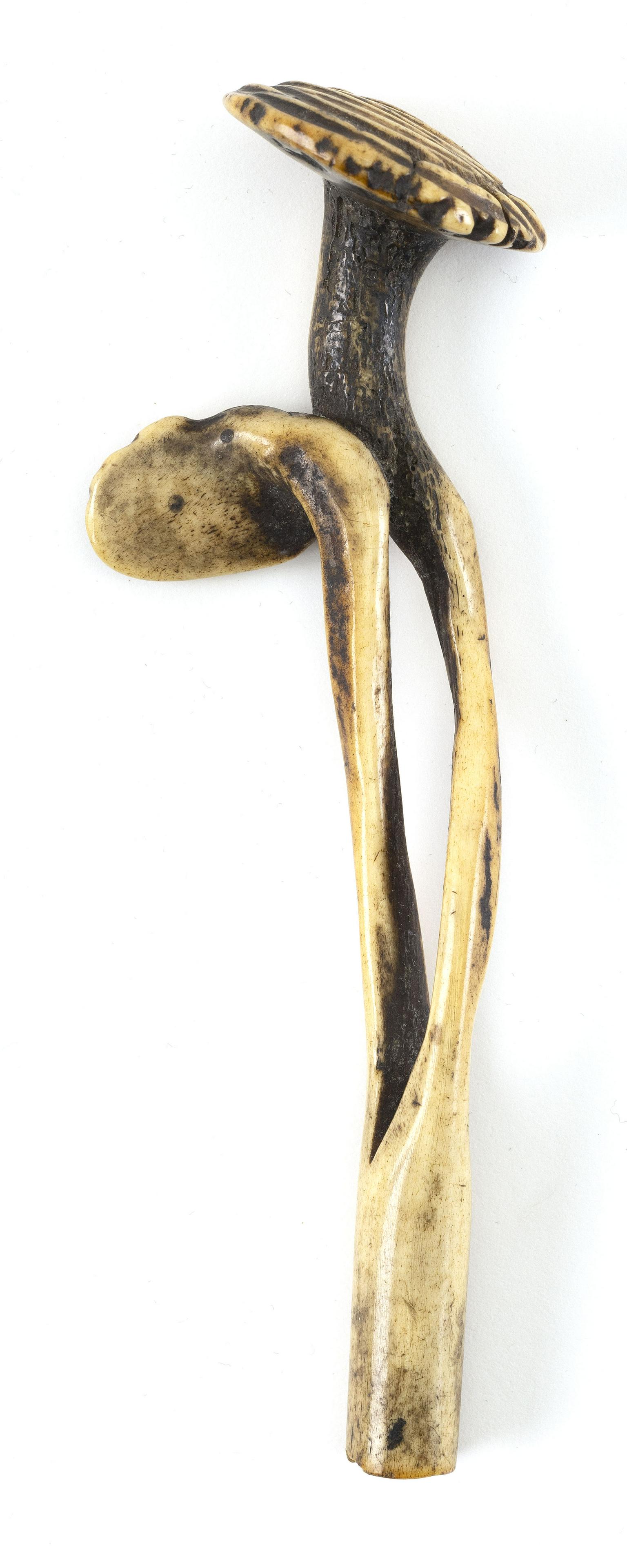 JAPANESE STAGHORN SASHI NETSUKE Early 19th Century: JAPANESE STAGHORN SASHI NETSUKE Early 19th Century Two ruyi fungus. Length 5.25". Provenance: The Collection of Gloria and Joe Kurilecz.