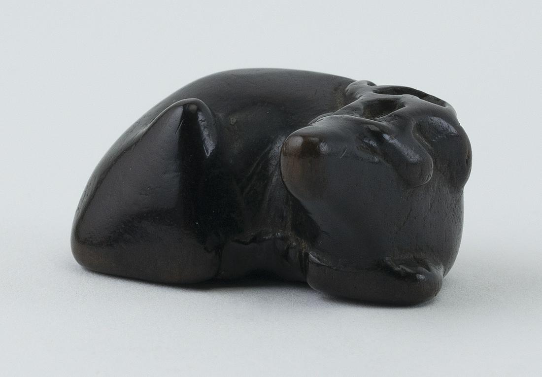 JAPANESE WOOD NETSUKE Meiji Period Length 1.5".: JAPANESE WOOD NETSUKE Meiji Period A recumbent stag. Length 1.5". Provenance: Private Wisconsin Collection.