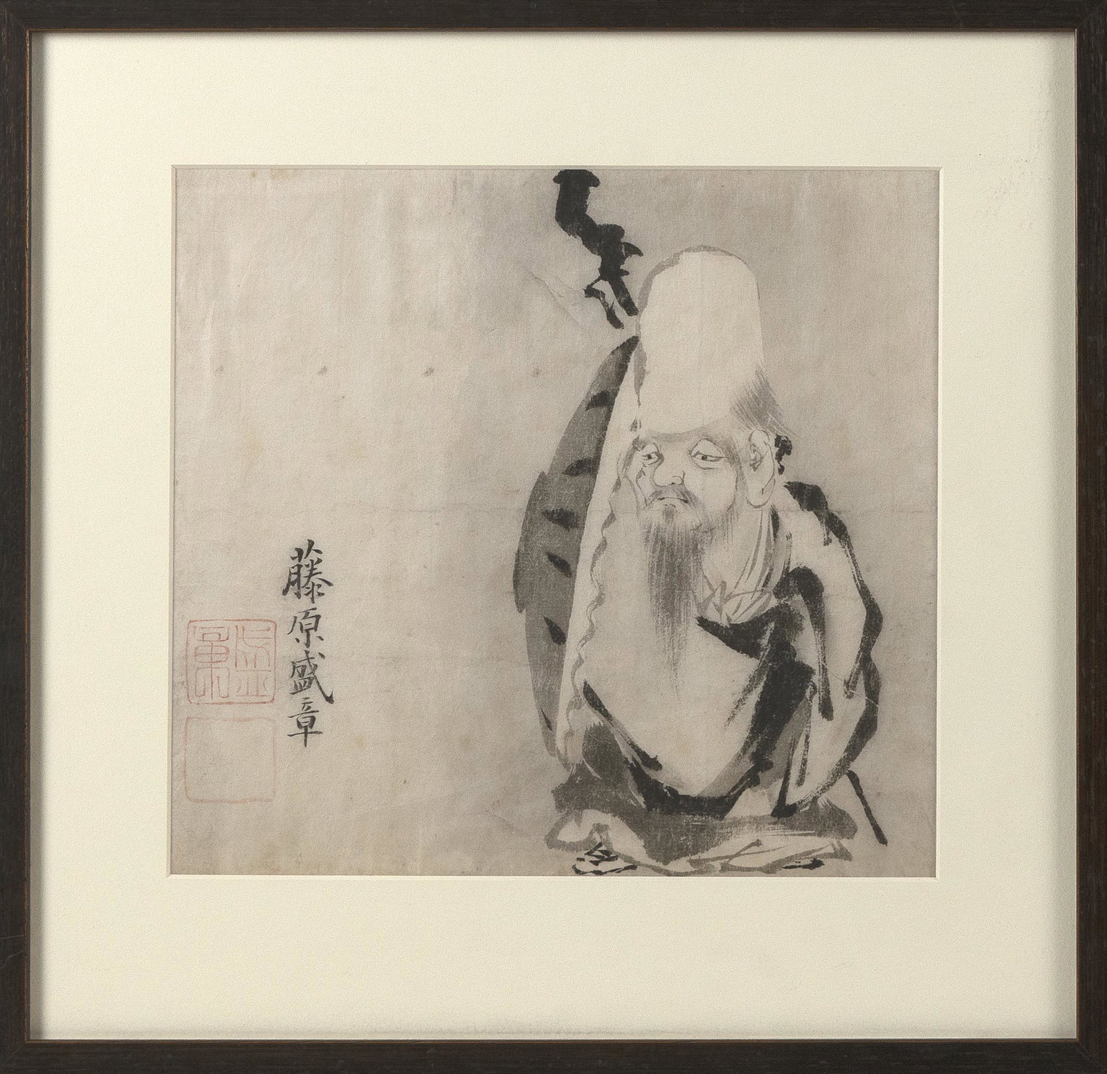 JAPANESE SUMI PAINTING ON PAPER Edo Period 10" x 11": JAPANESE SUMI PAINTING ON PAPER Edo Period Fukurokuju. Signed and seal marked "Fujiwara Moraki". 10" x 11" sight. Framed 16" x 16.5". Provenance: Private Wisconsin Collec