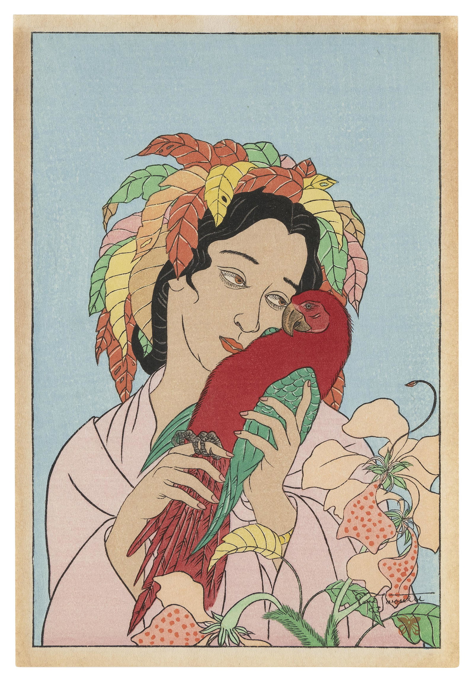 PAUL JACOULET (Japan/France, 1902-1960), Chagrin: PAUL JACOULET Japan/France, 1902-1960 Chagrin d'Amour, Kusai (Sorrows of Lover), a Christmas card surimono. 6" x 4.25". Unframed.