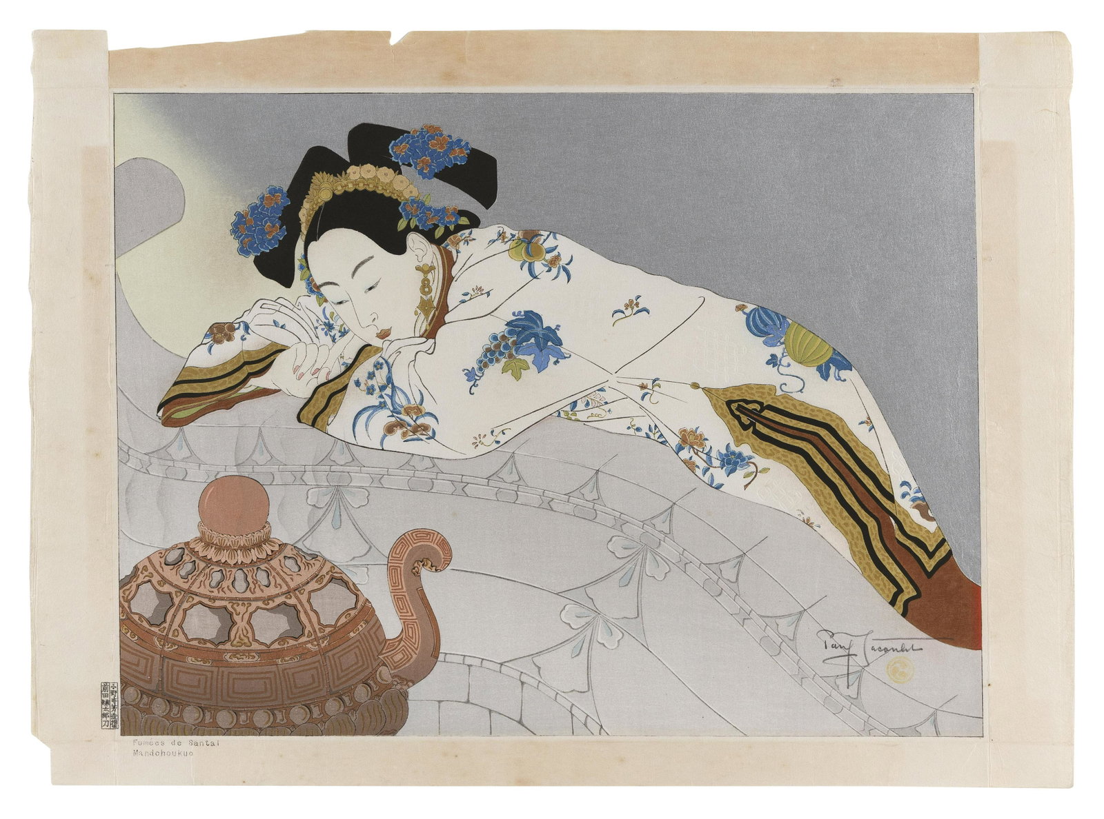 PAUL JACOULET (Japan/France, 1902-1960), Fumes de: PAUL JACOULET Japan/France, 1902-1960 Fumes de Santal, Mandchoukuo (Sandalwood Smoke, Mandarin). Pencil-signed lower right above the Mitsu-Tomoe seal. Seals of the carver, Maeda, and printer lower lef