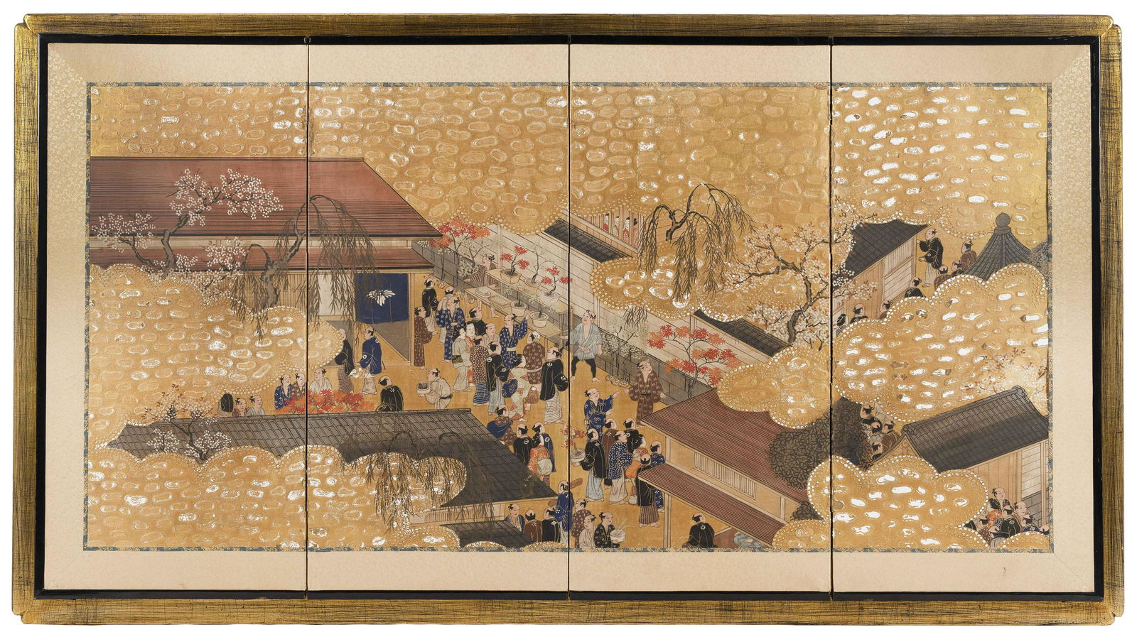 JAPANESE FOUR-PANEL TEA SCREEN Meiji Period Framed (1 of 2)