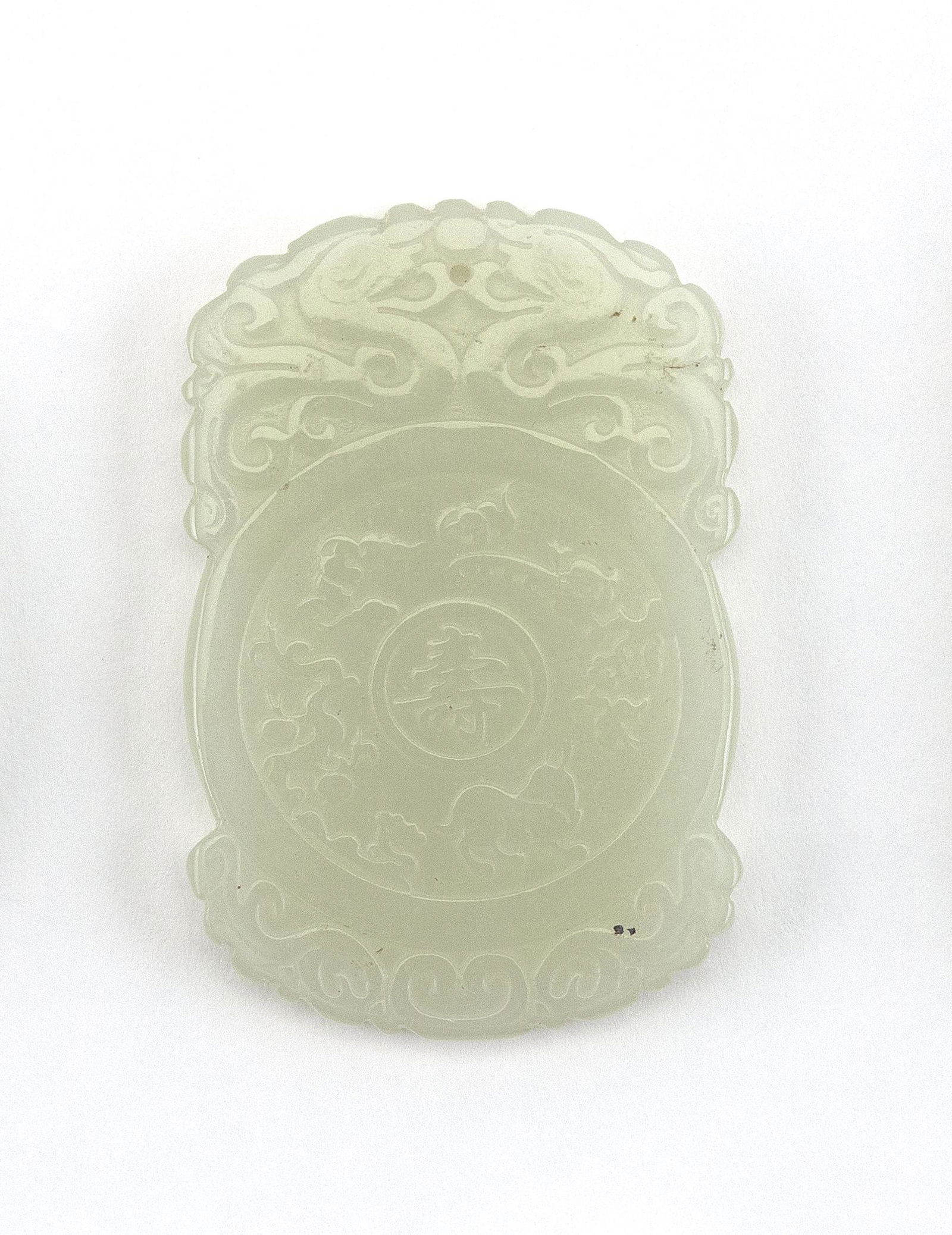 CHINESE CARVED CELADON JADE PENDANT Length 2". (1 of 2)