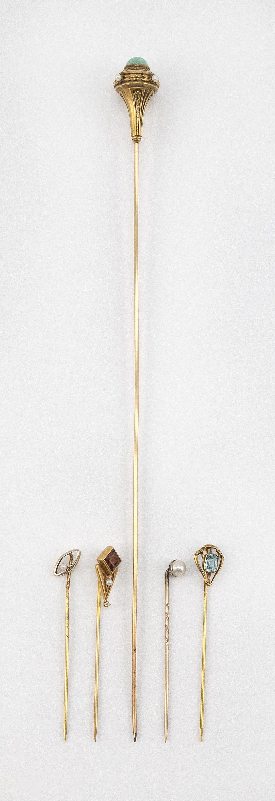 FOUR ANTIQUE GOLD STICK PINS AND ONE HAT PIN Approx. (1 of 3)