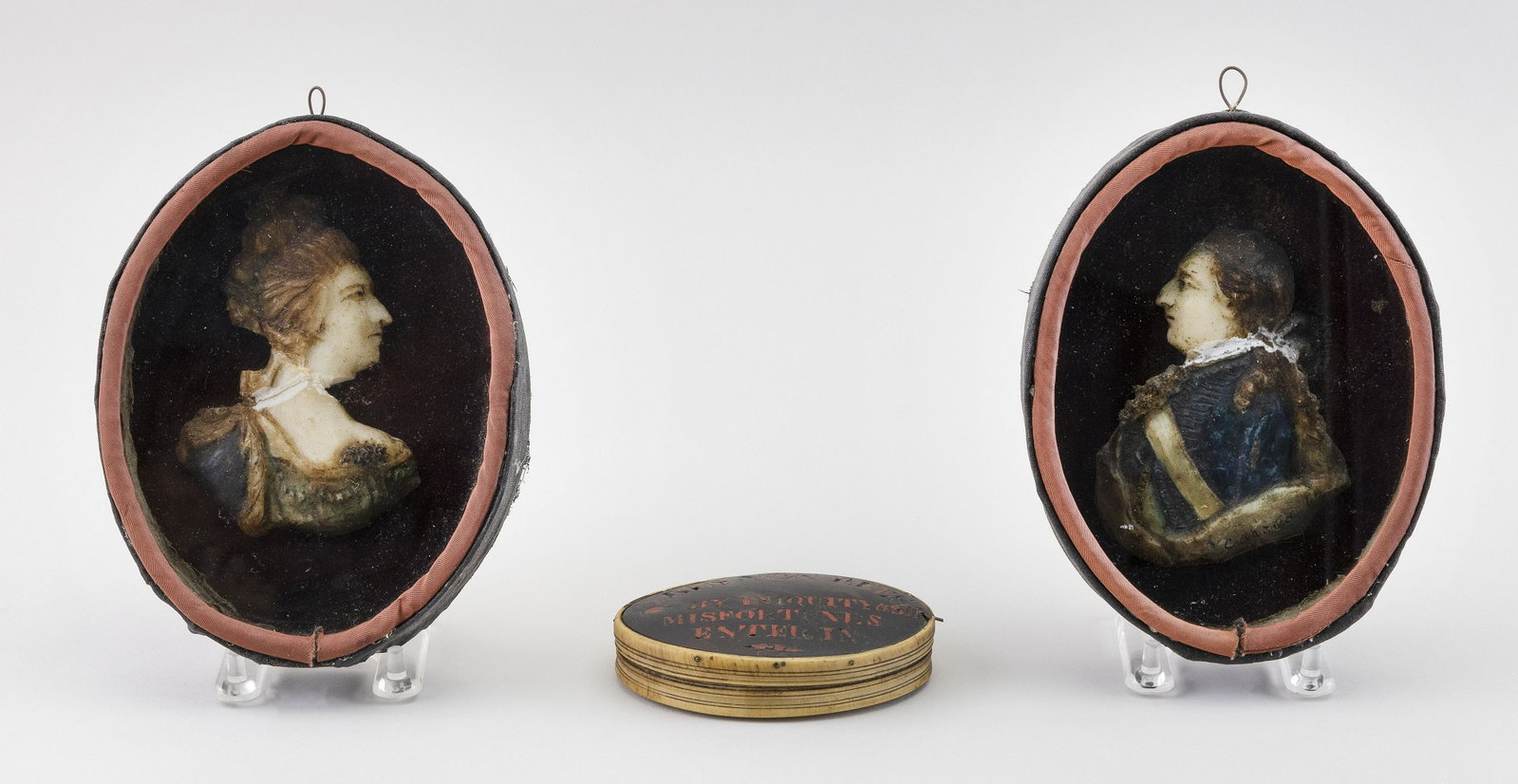 PAIR OF WAX BUST PORTRAITS AND A SNUFF BOX Late: PAIR OF WAX BUST PORTRAITS AND A SNUFF BOX Late 18th/Early19th Century 1-2) Wax profile busts of a lady and gentleman after Antonio Canova (1757-1822). Gentleman signed “Canova 1774”. Both