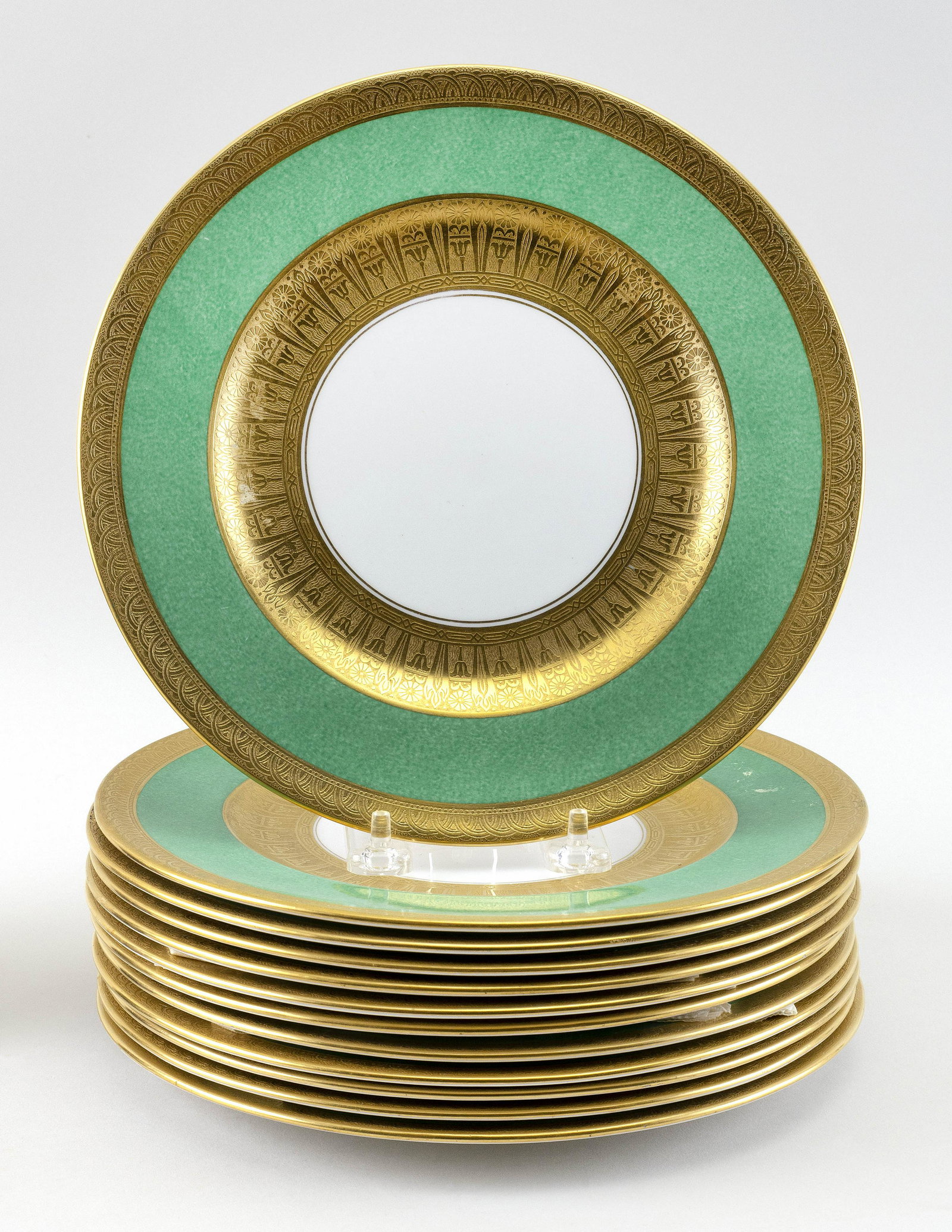 SET OF TWELVE CROWN STAFFORDSHIRE LUNCHEON PLATES 20th: SET OF TWELVE CROWN STAFFORDSHIRE LUNCHEON PLATES 20th Century Gilt and green bands. No pattern number. Diameters 9”.
