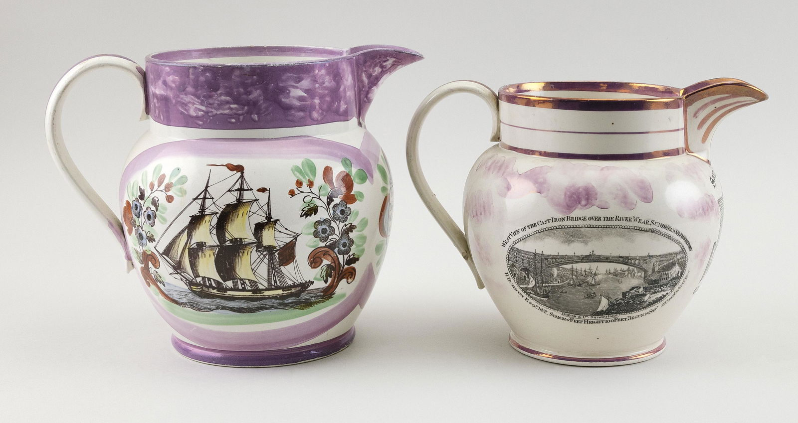 TWO SUNDERLAND PINK LUSTREWARE JUGS (1 of 3)