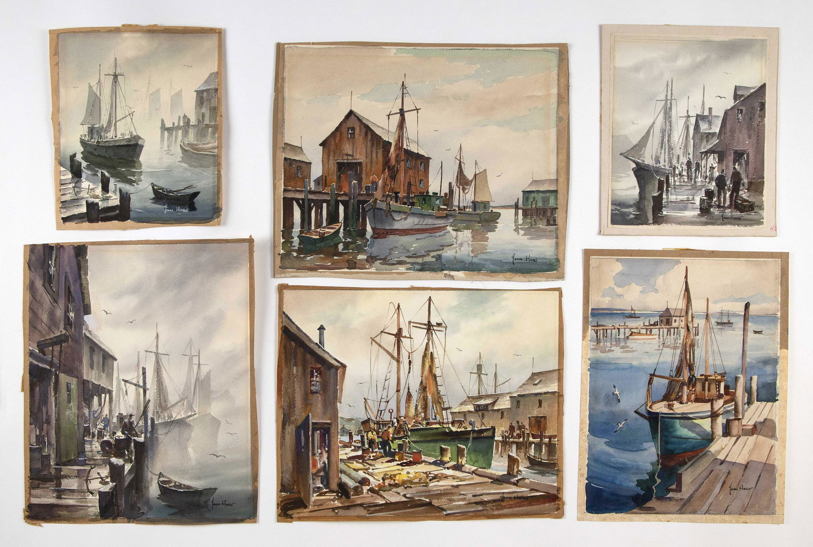 JOHN CUTHBERT HARE (Massachusetts/Florida, 1908-1978),: JOHN CUTHBERT HAREMassachusetts/Florida, 1908-1978Six dock scenes. All signed in lower right corners.Watercolors, from 9” x 7.5” to 10.5” x 12.5”. Unframed.