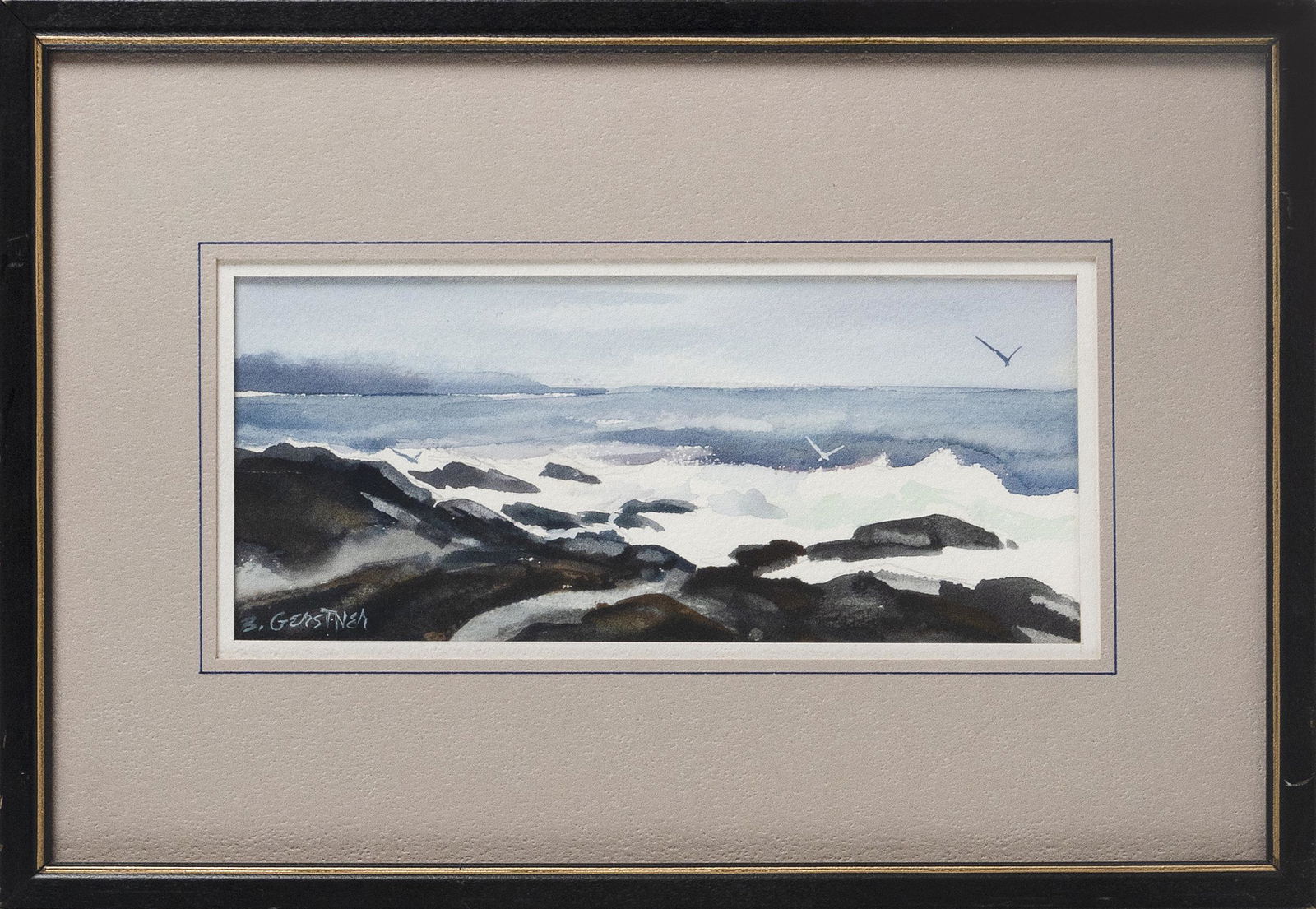 BERNARD GERSTNER (Massachusetts/New York, 1925-2017),: BERNARD GERSTNERMassachusetts/New York, 1925-2017Seagulls over a rocky coast. Signed lower left “B. Gerstner”.Watercolor on paper, 3.5” x 8” sight. Framed 8.75” x 12.75&#