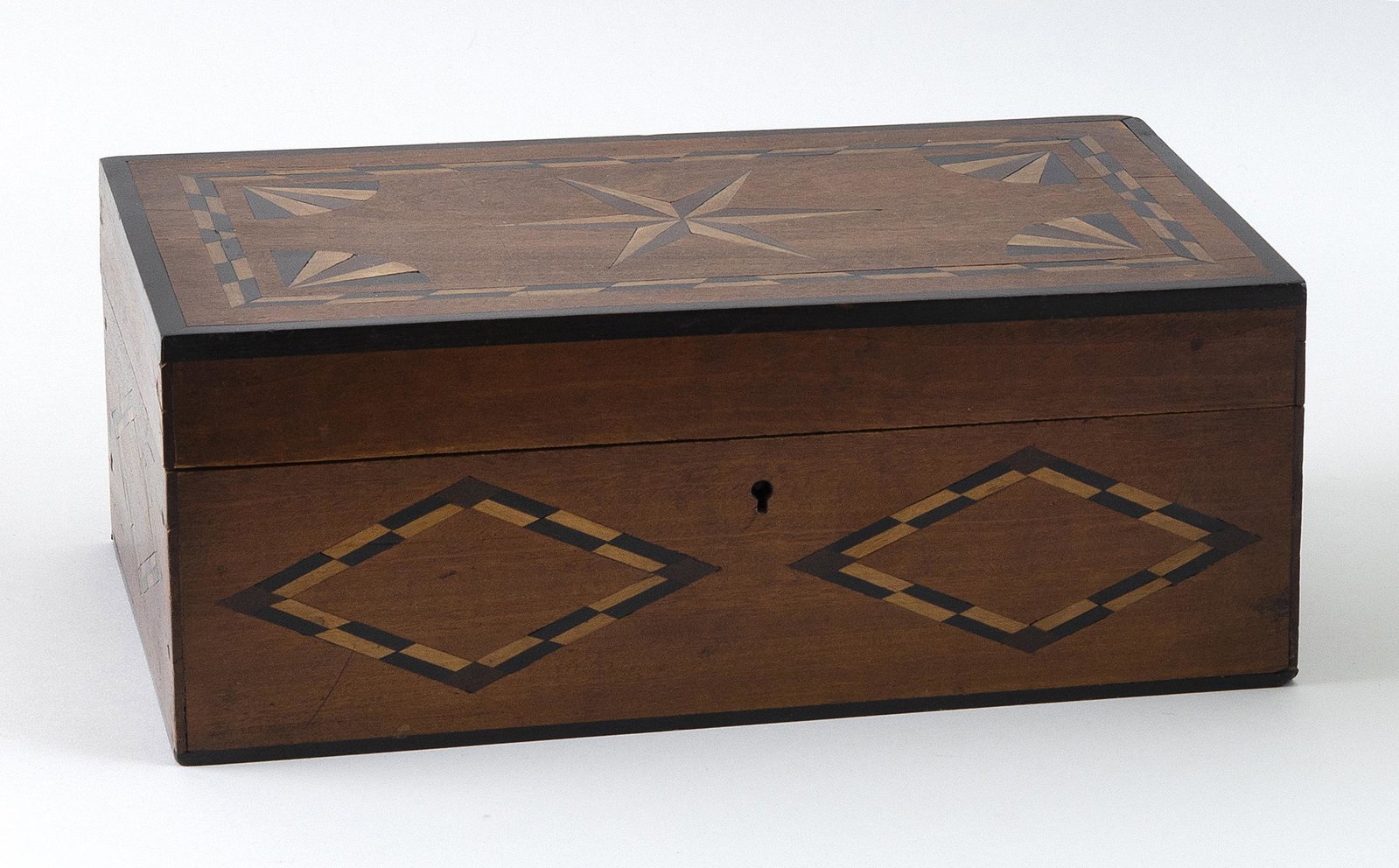 INLAID BOX 19th Century Height 4". Width 10.25". Depth: INLAID BOX 19th Century Top with central compass rose, fans at each corner and a geometric banded border along the perimeter. Front with banded diamonds. Height 4". Width 10.25". Depth 6.25&