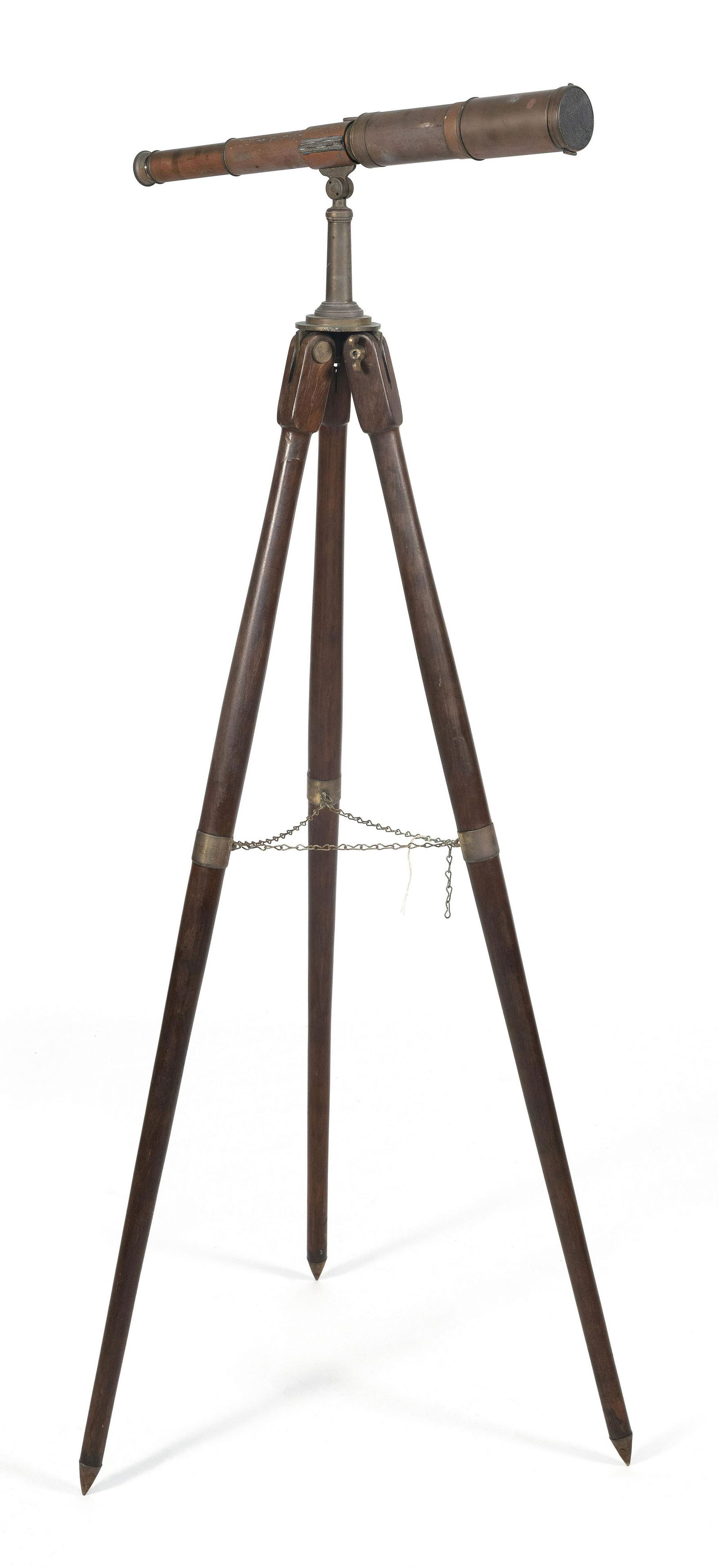 BRASS AND COPPER TELESCOPE ON WOODEN TRIPOD Early 20th (1 of 1)