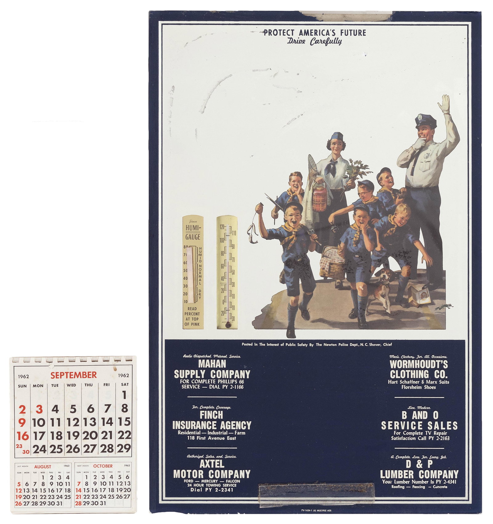 ADVERTISING MIRROR Newton, Iowa, Circa 1960 Height 24".: ADVERTISING MIRROR Newton, Iowa, Circa 1960 "Protect America's Future Drive Carefully" above an image of Boy Scouts and a police officer. Mounted with a thermometer, barometer and calendar. 