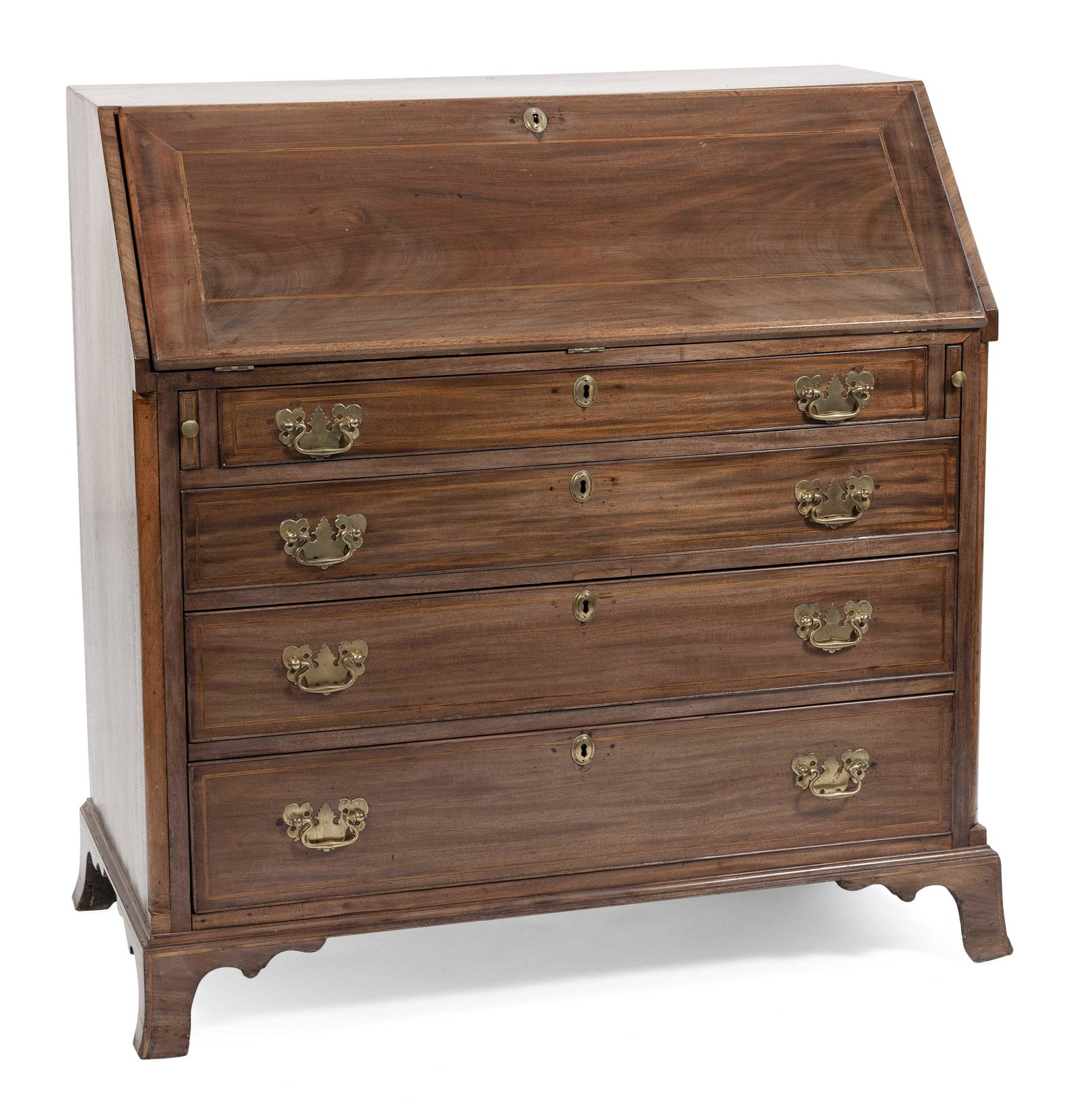 FEDERAL SLANT-LID DESK Circa 1800 Height 43”. Width: FEDERAL SLANT-LID DESK Circa 1800 In mahogany. Interior pigeonholes, drawers and cupboard with string inlay; the cupboard door also with diamond and geometric inlay. Case with four graduated full-widt