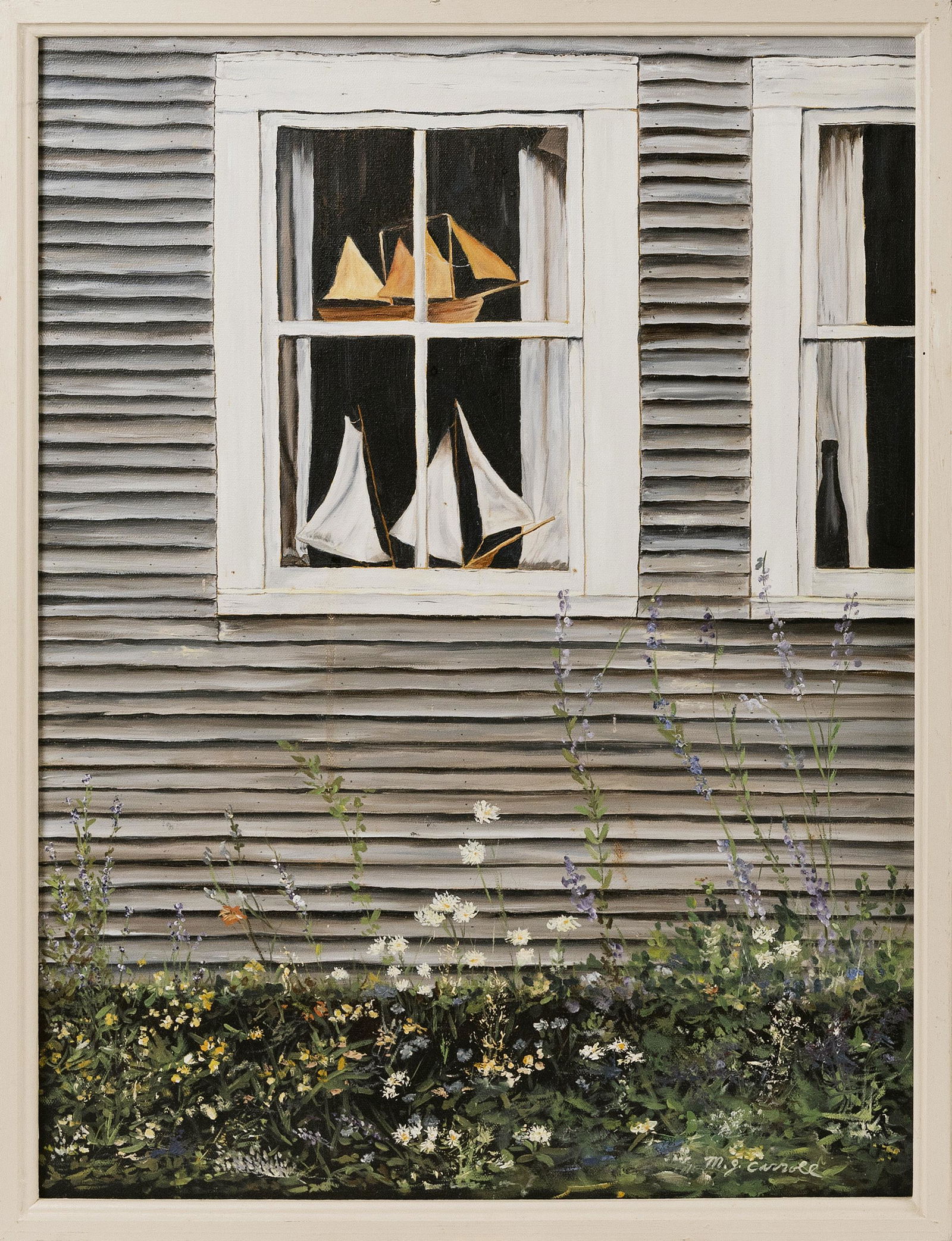 M.J. CARROLL (Nantucket, Massachusetts, 20th Century),: M.J. CARROLLNantucket, Massachusetts, 20th CenturyShip models in a window. Signed lower right "M.J. Carroll".Oil on canvas, 24" x 18". Framed 25" x 19".