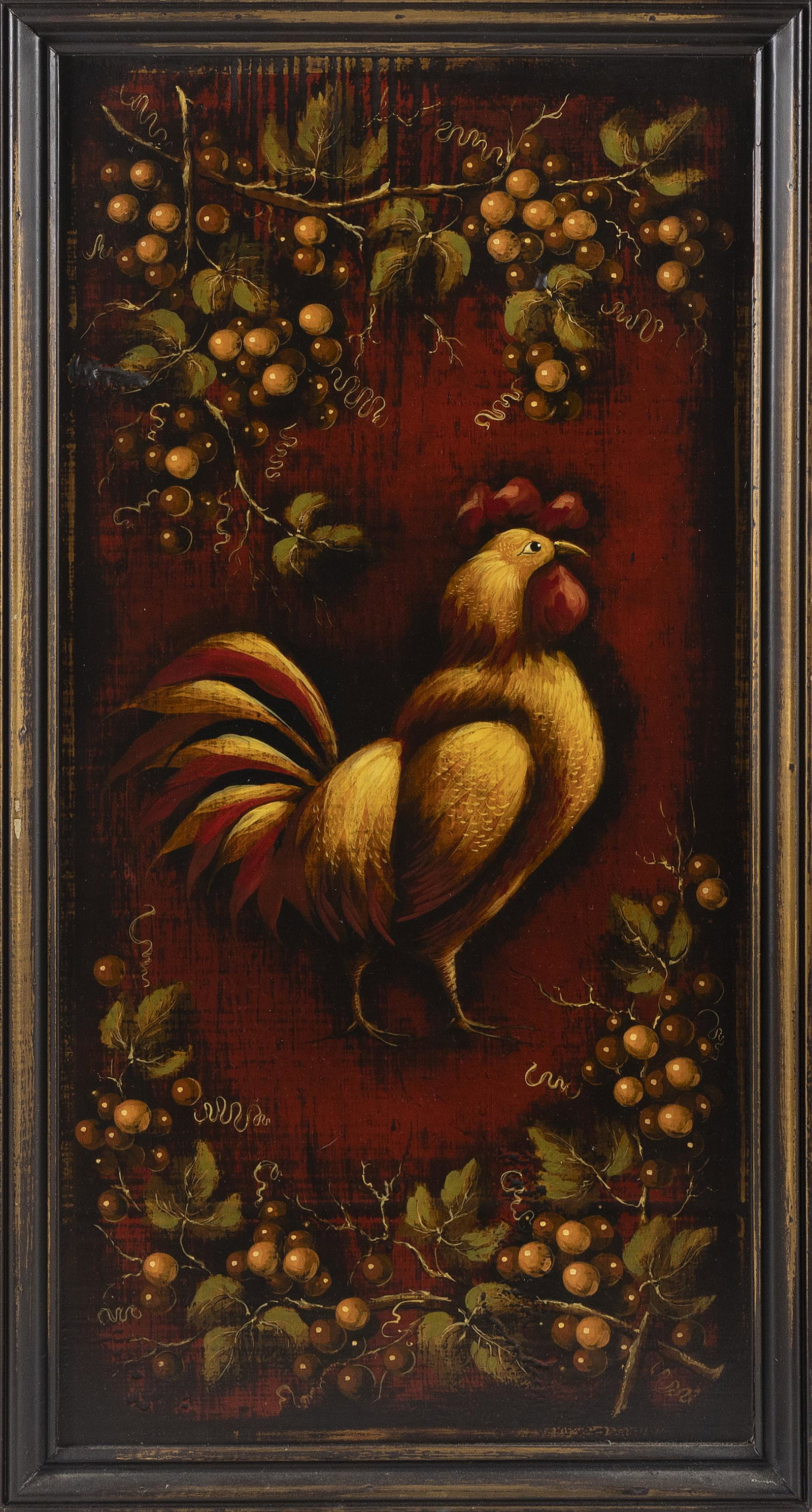 TOLE-STYLE PAINTING ON BOARD 20th Century 30” x 15.5”.: TOLE-STYLE PAINTING ON BOARD 20th Century Depicts a rooster and grapevines. Signed and dated verso “John Dunn 1984”. 30” x 15.5”.