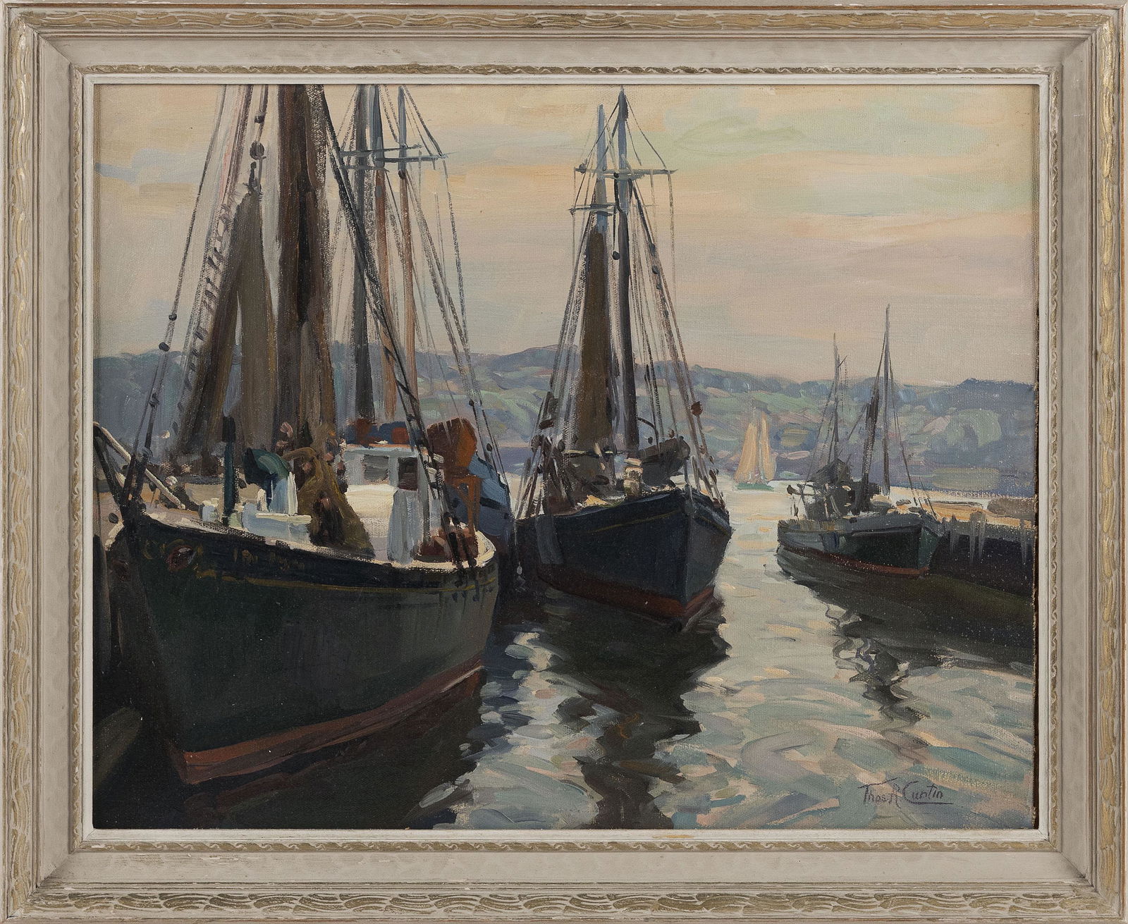 THOMAS R. CURTIN (Vermont/Massachusetts, 1899-1977),: THOMAS R. CURTINVermont/Massachusetts, 1899-1977Boats at dock. Signed lower right “Thos. R. Curtin”.Oil on masonite, 16” x 20”. Framed 19” x 23”.