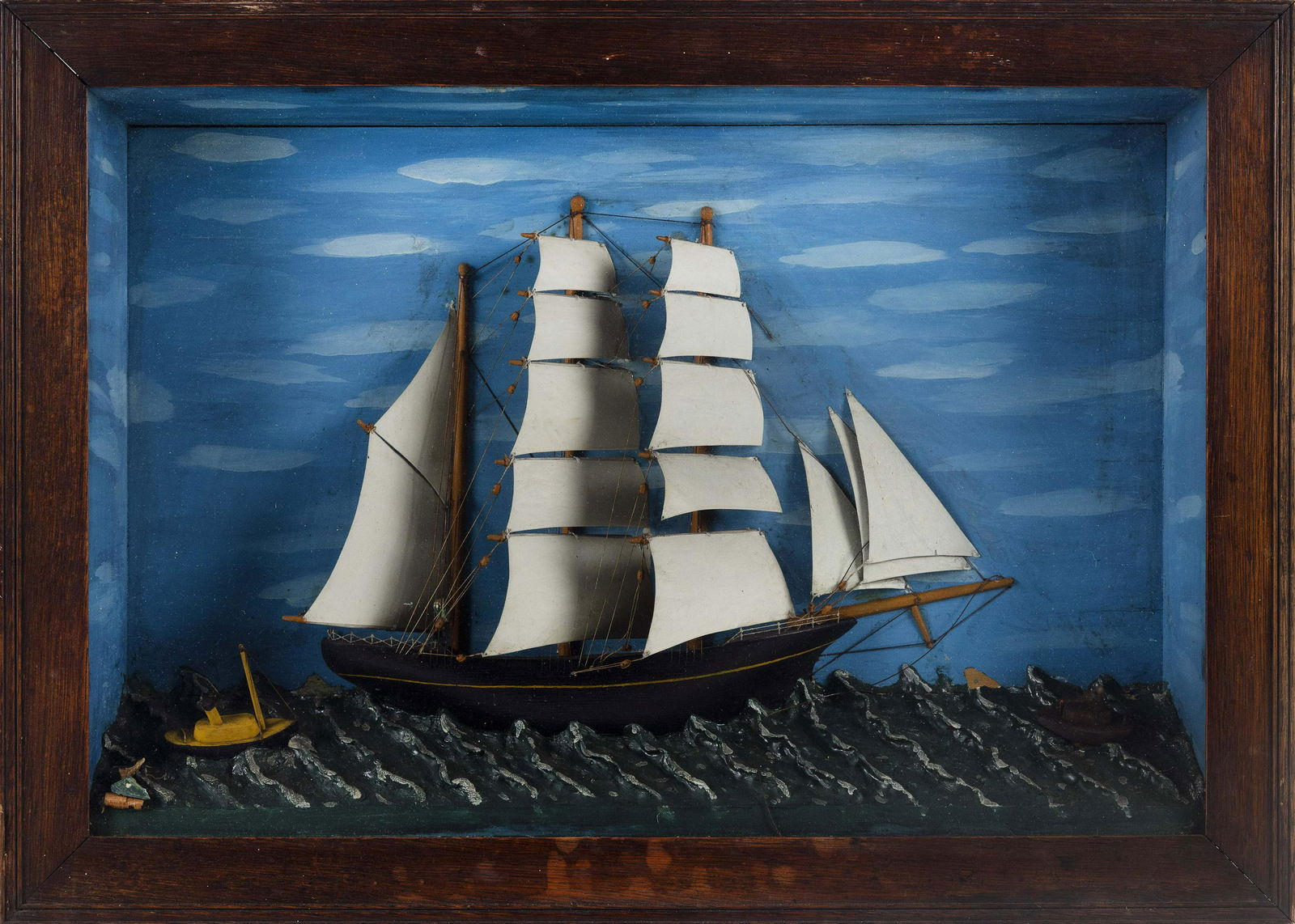 SHADOW BOX DIORAMA OF A THREE-MASTED SHIP UNDER FULL (1 of 2)