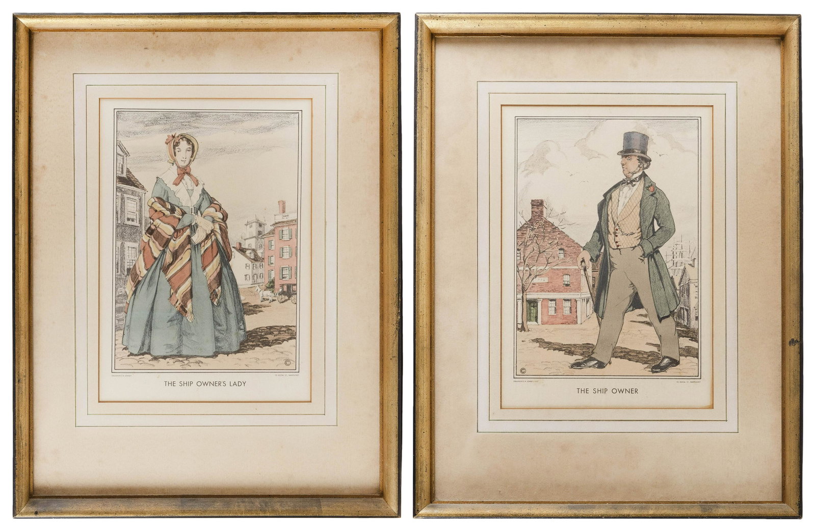 EDGAR W. JENNEY (Nantucket, Early 20th Century), "The: EDGAR W. JENNY Nantucket, Early 20th Century “The Ship Owner” and “The Ship Owner's Lady”. Hand-colored lithographs on paper, 12.5" x 8.75". Framed 21" x 16"