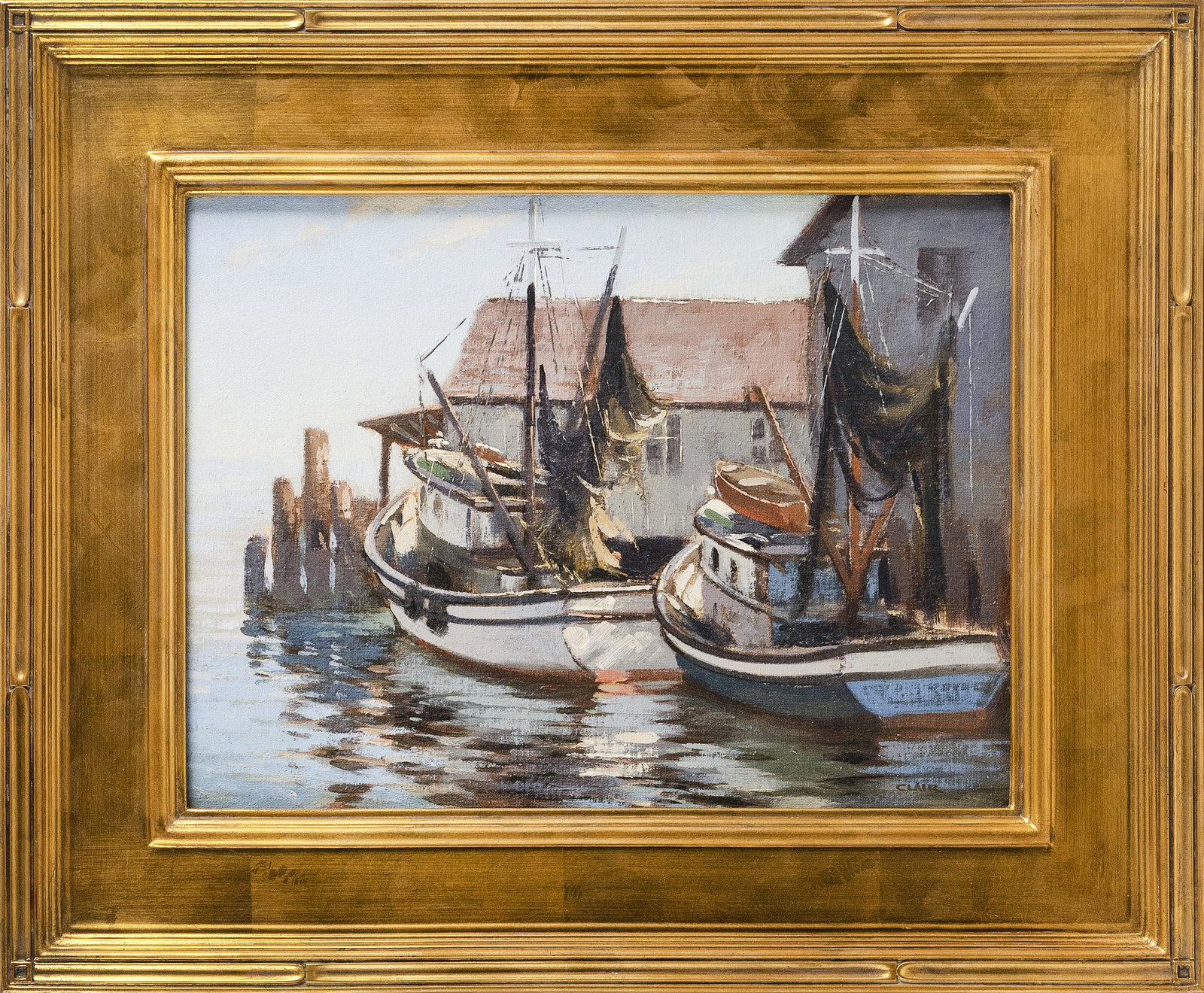 IRENE STRY (Massachusetts/New York/Hungary,: IRENE STRY Massachusetts/New York/Hungary, 1899/1904-1963 Trawlers at dock. Signed lower left "Clair". Oil on canvas, 12" x 16". Framed 18.5" x 22". Irene Stry worked in 