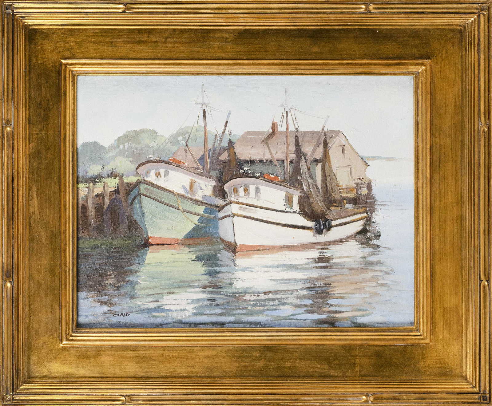 IRENE STRY (Massachusetts/New York/Hungary,: IRENE STRY Massachusetts/New York/Hungary, 1899/1904-1963 Fishing boats at dock. Signed lower right "Clair". Oil on canvas, 12" x 16". Framed 18.5" x 22". Irene Stry work