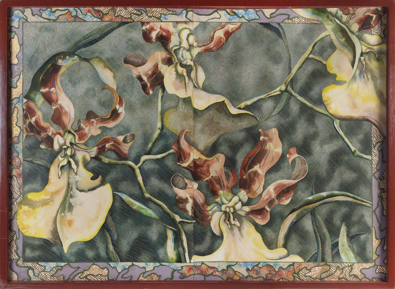 ANDREA JOHNSON (America, b. 1954), "Lilies"., Mixed: ANDREA JOHNSONAmerica, b. 1954"Lilies". Titled and artist identified verso.Mixed media on paper, 39" x 34". Framed 40.5" x 55".