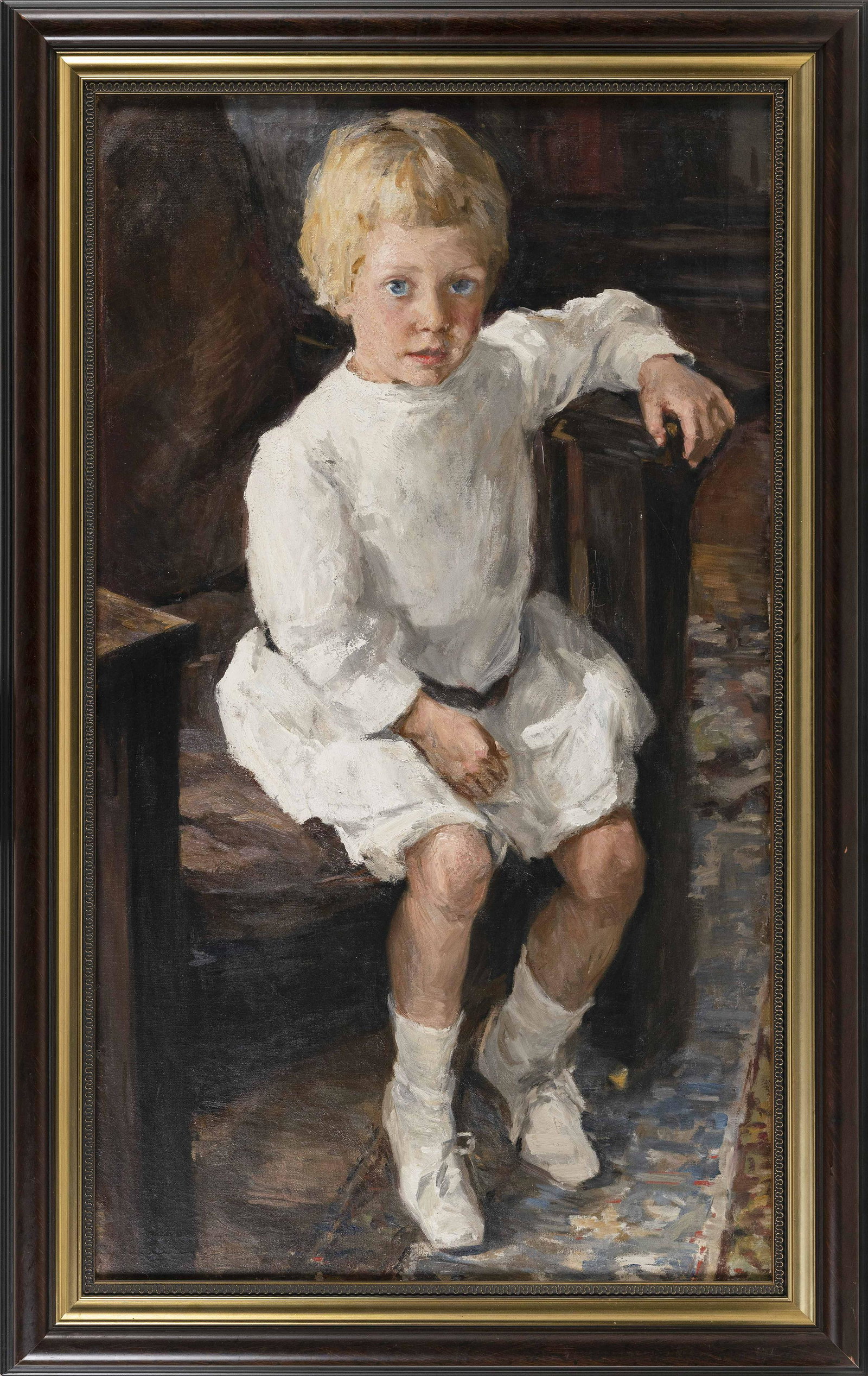 ANNIE CLEMENTINE (ANNA) TOMLINSON (Massachusetts,: ANNIE CLEMENTINE (ANNA) TOMLINSON Massachusetts, 1872-1962 Portrait of a young child, identified verso as Edward Richard. Unsigned. Oil on canvas, 40” x 23”. Framed 46” x 29”. Provenance: Esta