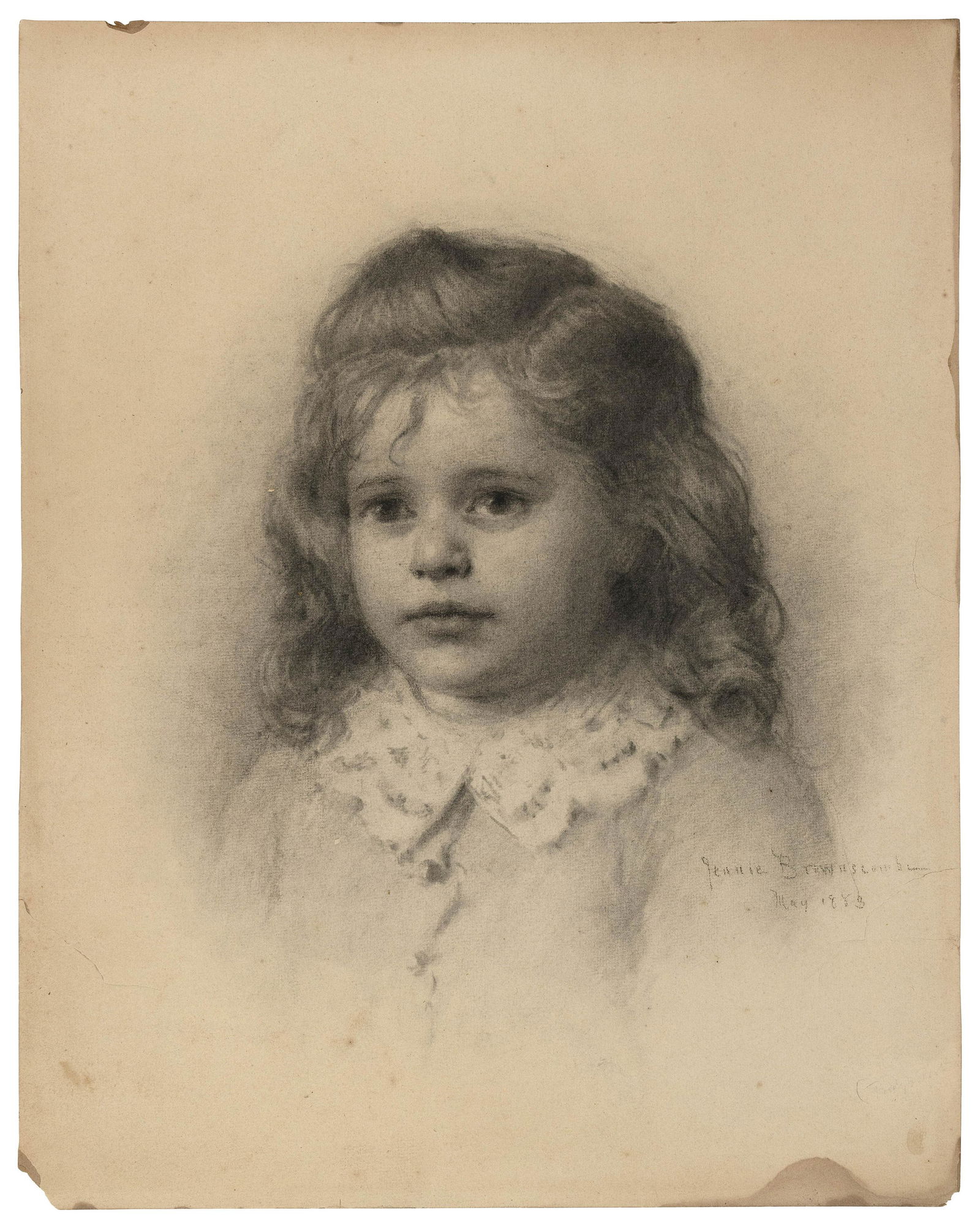 JENNIE AUGUSTA BROWNSCOMBE (New York, 1850-1936),: JENNIE AUGUSTA BROWNSCOMBENew York, 1850-1936Portrait of a young girl. Signed and dated lower right “Jennie Brownscombe May 1883".Pencil on paper, 19.5” x 15”. Unframed.