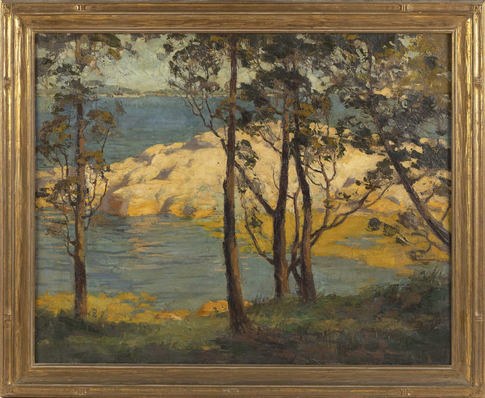 GRACE DREDGE REASONER (Massachusetts/Iowa, 1895-),: GRACE DREDGE REASONER Massachusetts/Iowa, 1895- Shore scene. Signed lower right "Grace Dredge Reasoner". Oil on canvas, 24" x 30". Framed 29.5" x 34.5".
