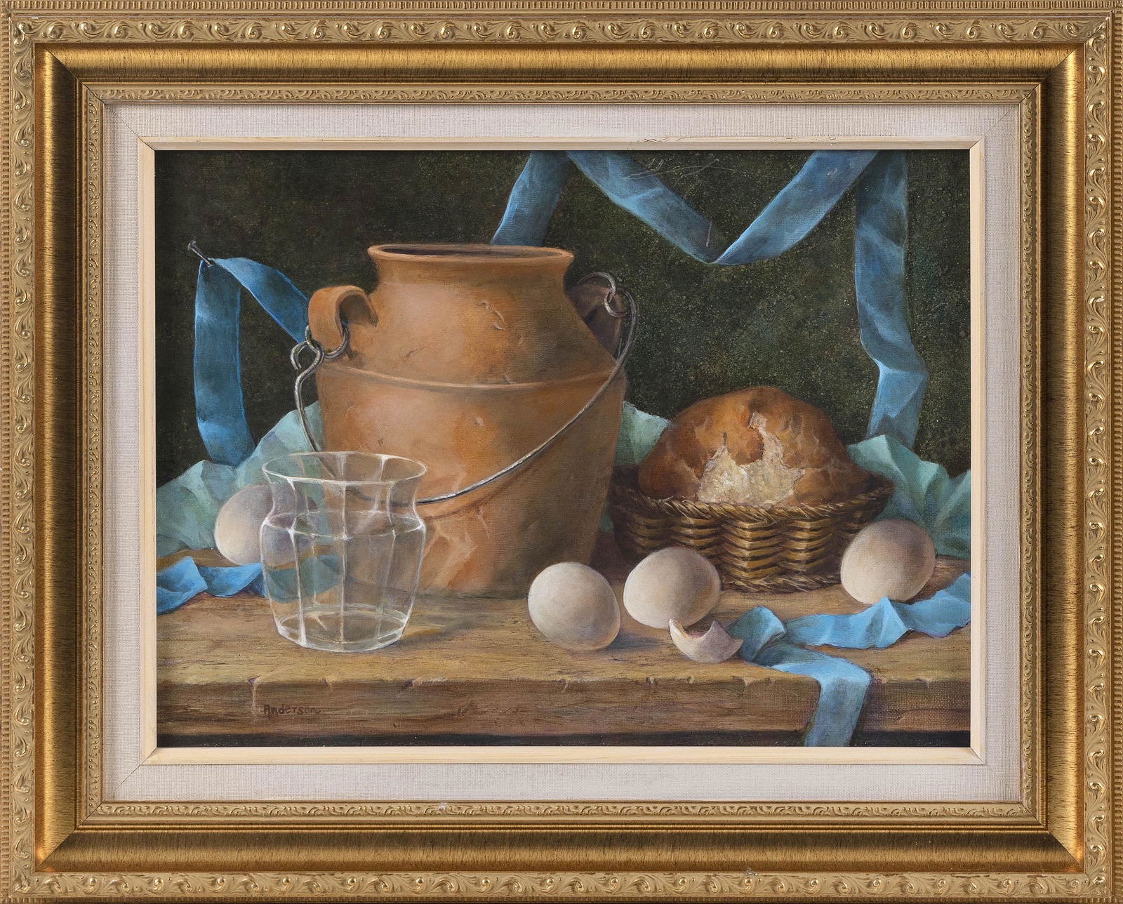 ANNE ANDERSON (Connecticut, Contemporary), Still life: ANNE ANDERSONConnecticut, ContemporaryStill life of eggs, a loaf of bread, a crock and a glass. Signed lower left "Anderson".Acrylic on board, 12" x 16". Framed 17.5" x 21.5&q