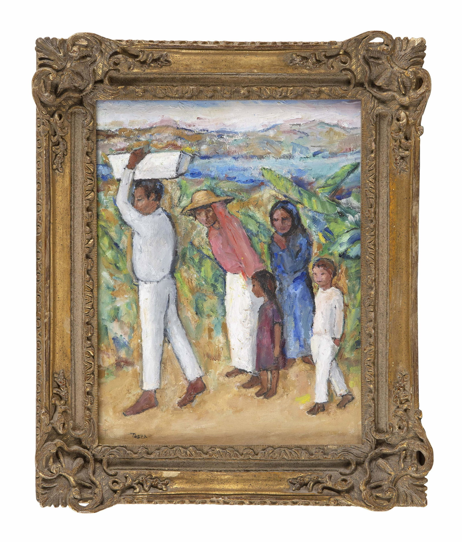 TOSCA OLINSKY (Connecticut/New York/Italy, 1909-1984),: TOSCA OLINSKY Connecticut/New York/Italy, 1909-1984 Genre scene with figures working a field. Signed lower left "Tosca". Oil on canvas board, 14" x 18". Framed 23.5" x 19.5&qu