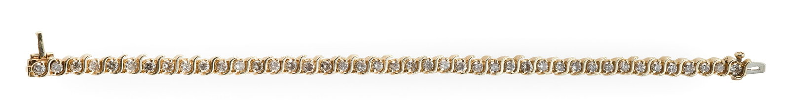 14KT GOLD AND DIAMOND TENNIS BRACELET Approx. 12.36: 14KT GOLD AND DIAMOND TENNIS BRACELET Total diamond weight approx. 5.04 carats. Length 7”. Approx. 12.36 total dwt.
