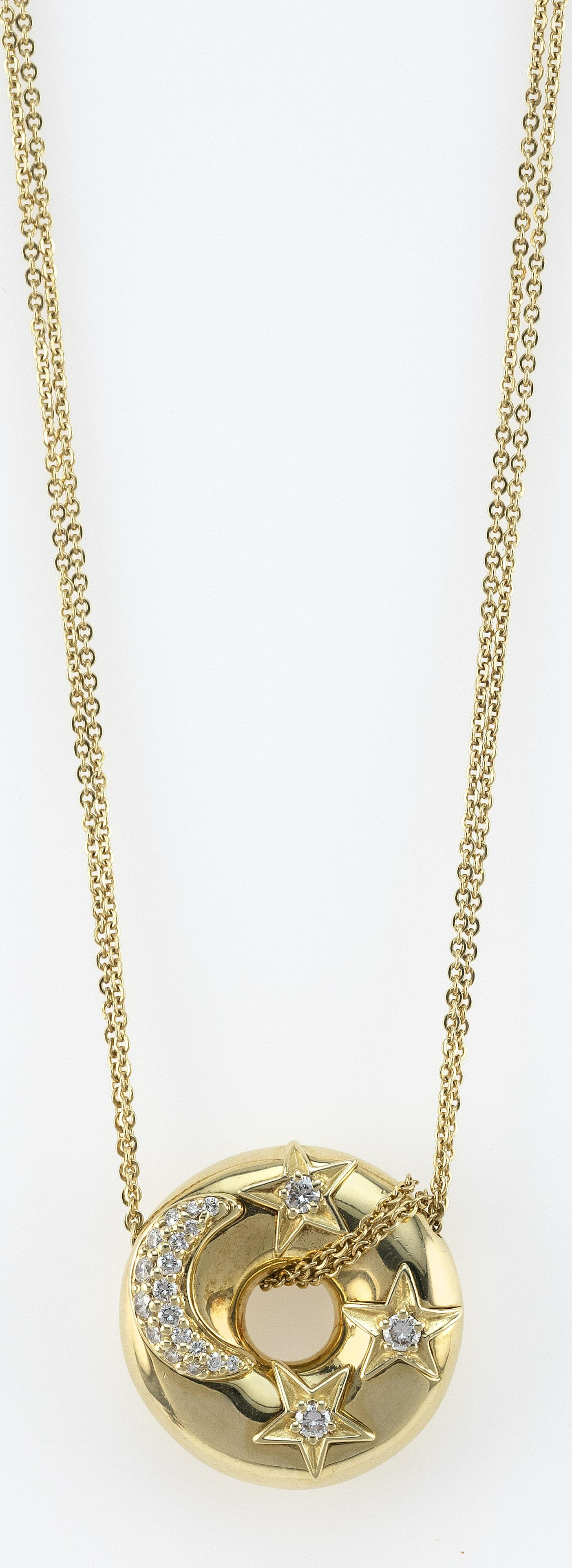 JOSE HESS 18KT GOLD AND DIAMOND CELESTIAL PENDANT: JOSE HESS 18KT GOLD AND DIAMOND CELESTIAL PENDANT NECKLACEPendant numbered 2010 712A. Suspended from a double chain, length 16”.Approx. 12.59 total dwt.