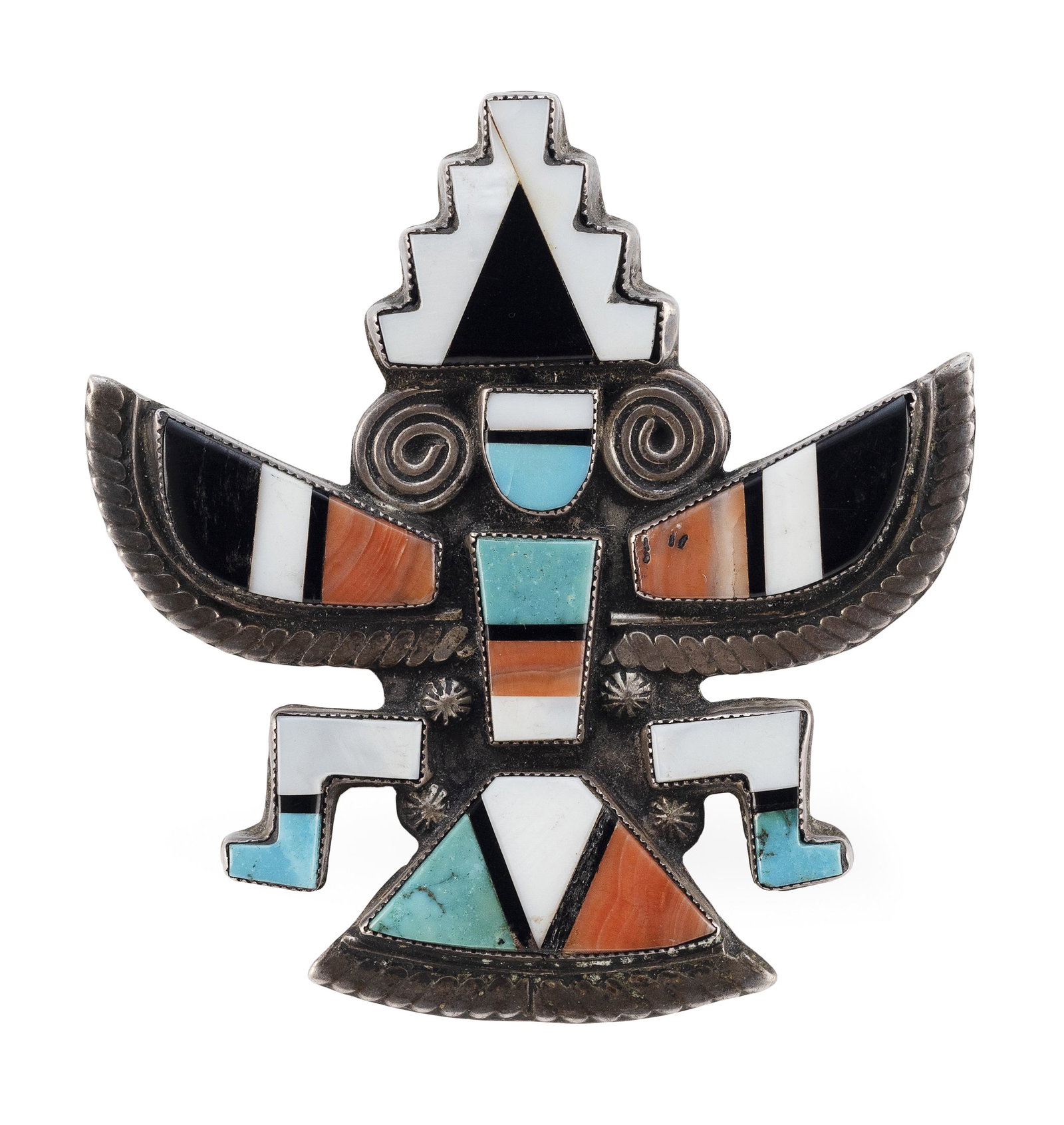 ZUNI SILVER AND HARDSTONE FIGURAL BROOCH Approx. 11.37: ZUNI SILVER AND HARDSTONE FIGURAL BROOCH Unmarked. Length 2.25”. Approx. 11.37 total dwt.