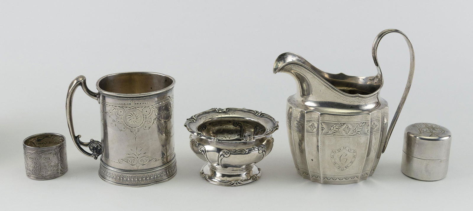 FIVE STERLING SILVER AND SILVER PLATED TABLE ITEMS (1 of 2)