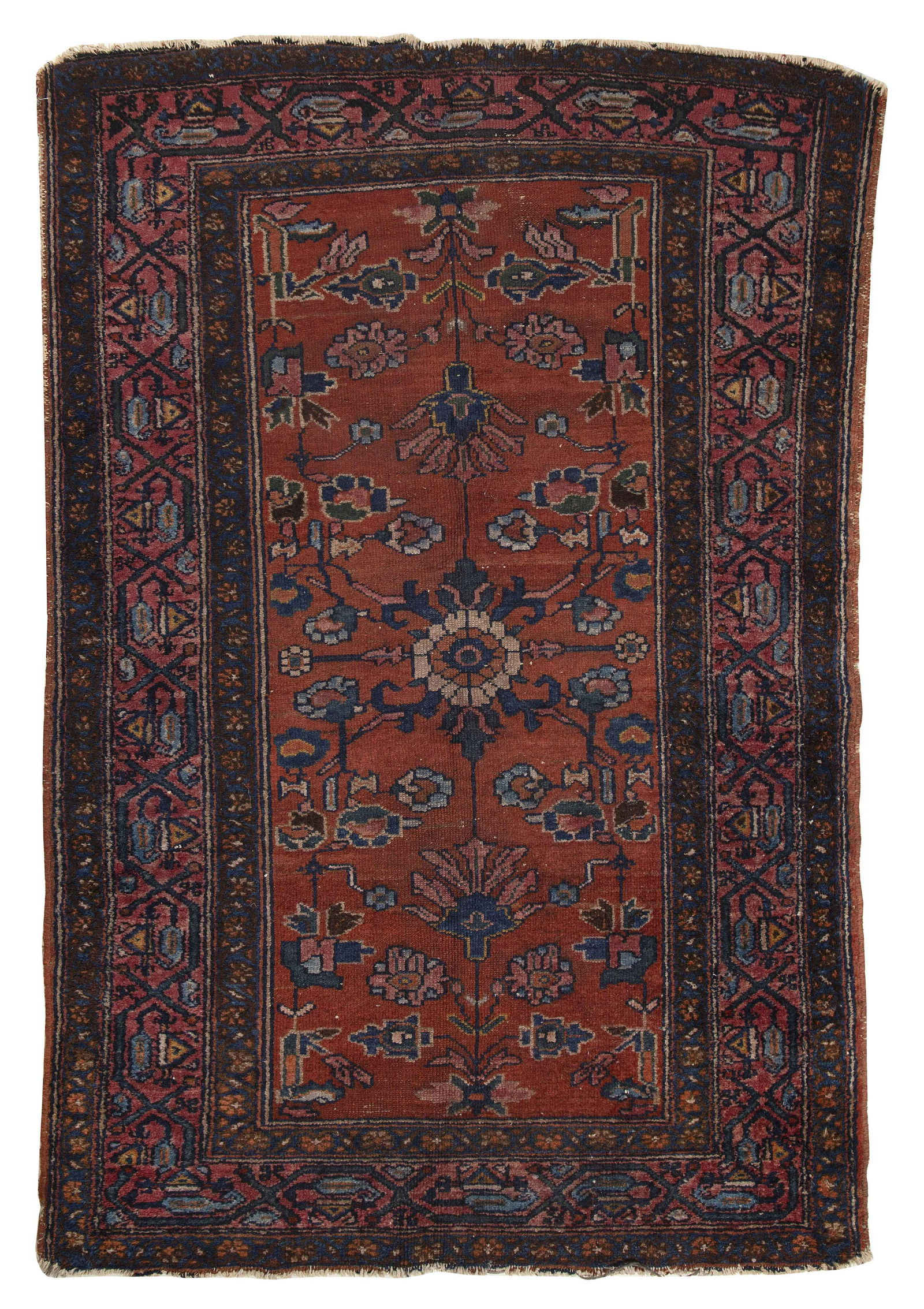 LILIHAN RUG: 3’3” X 4’10” First: LILIHAN RUG: 3’3” X 4’10”First Half of the 20th CenturyRed field with symmetrical colorful flowering branches. Dark blue guard borders and a mulberry red main border with a ser