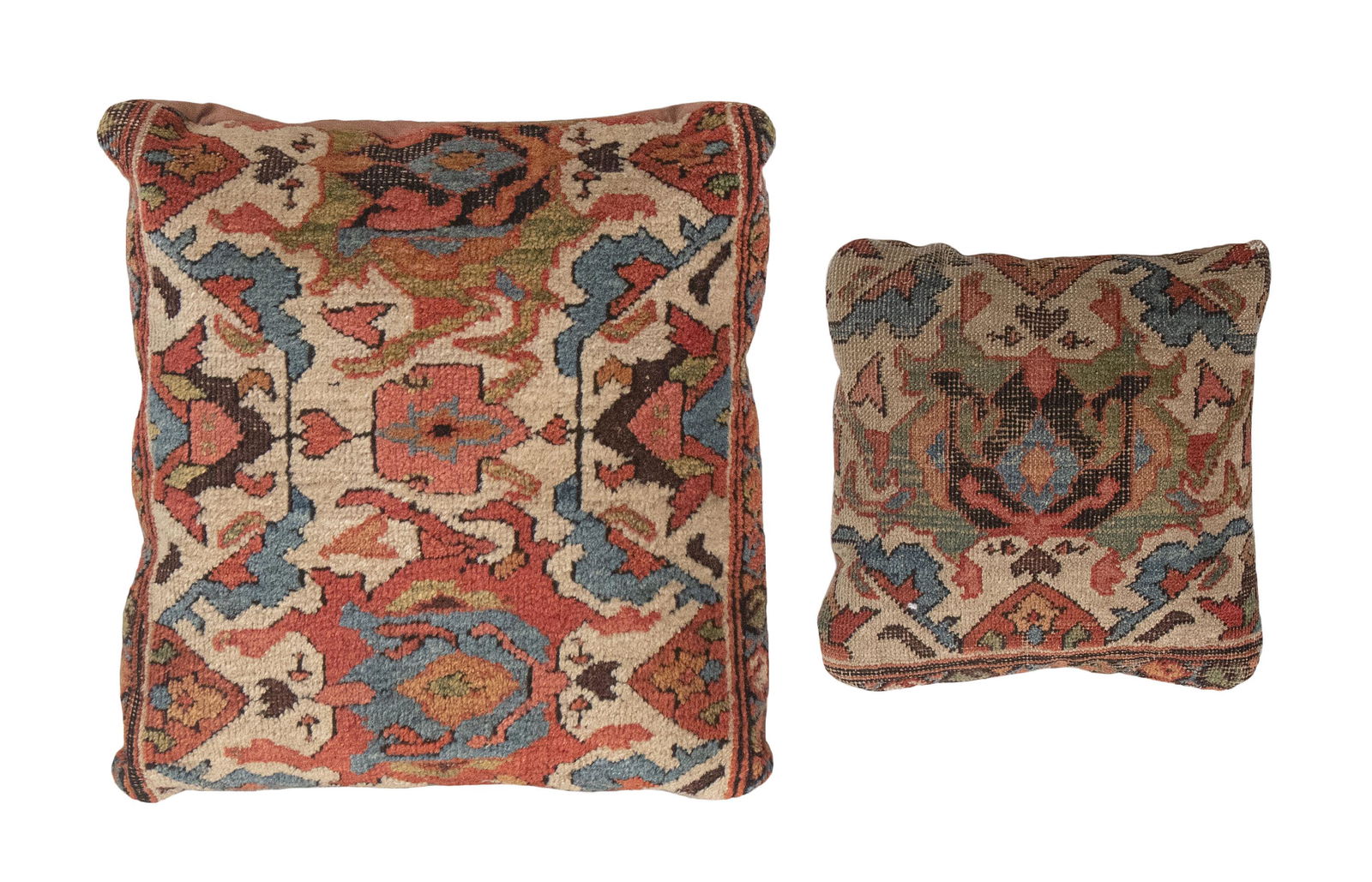 TWO PERSIAN RUG FRAGMENT THROW PILLOWS Early 20th (1 of 1)